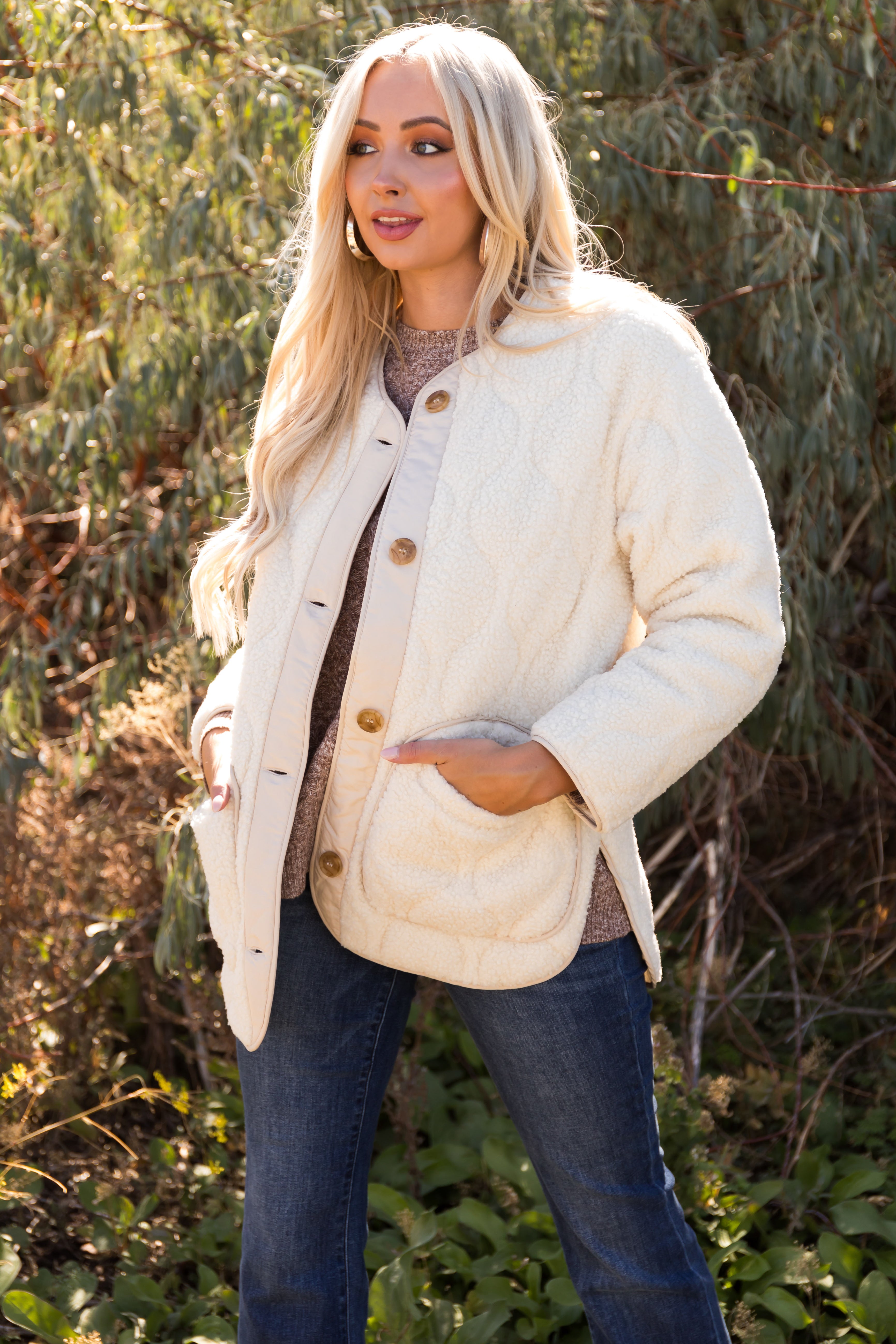 Cream Quilted Button Down Sherpa Jacket-Newayad