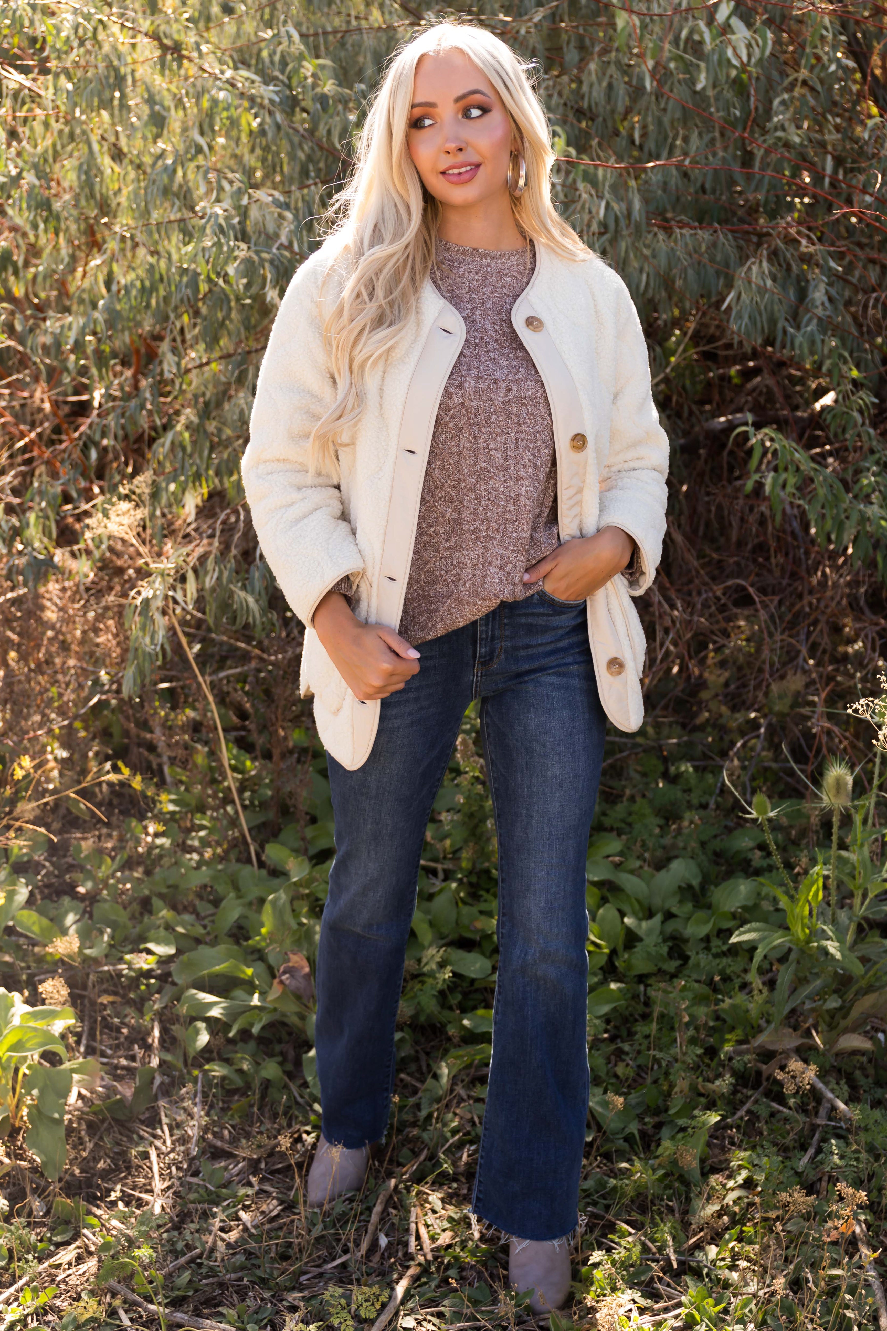 Cream Quilted Button Down Sherpa Jacket-Newayad