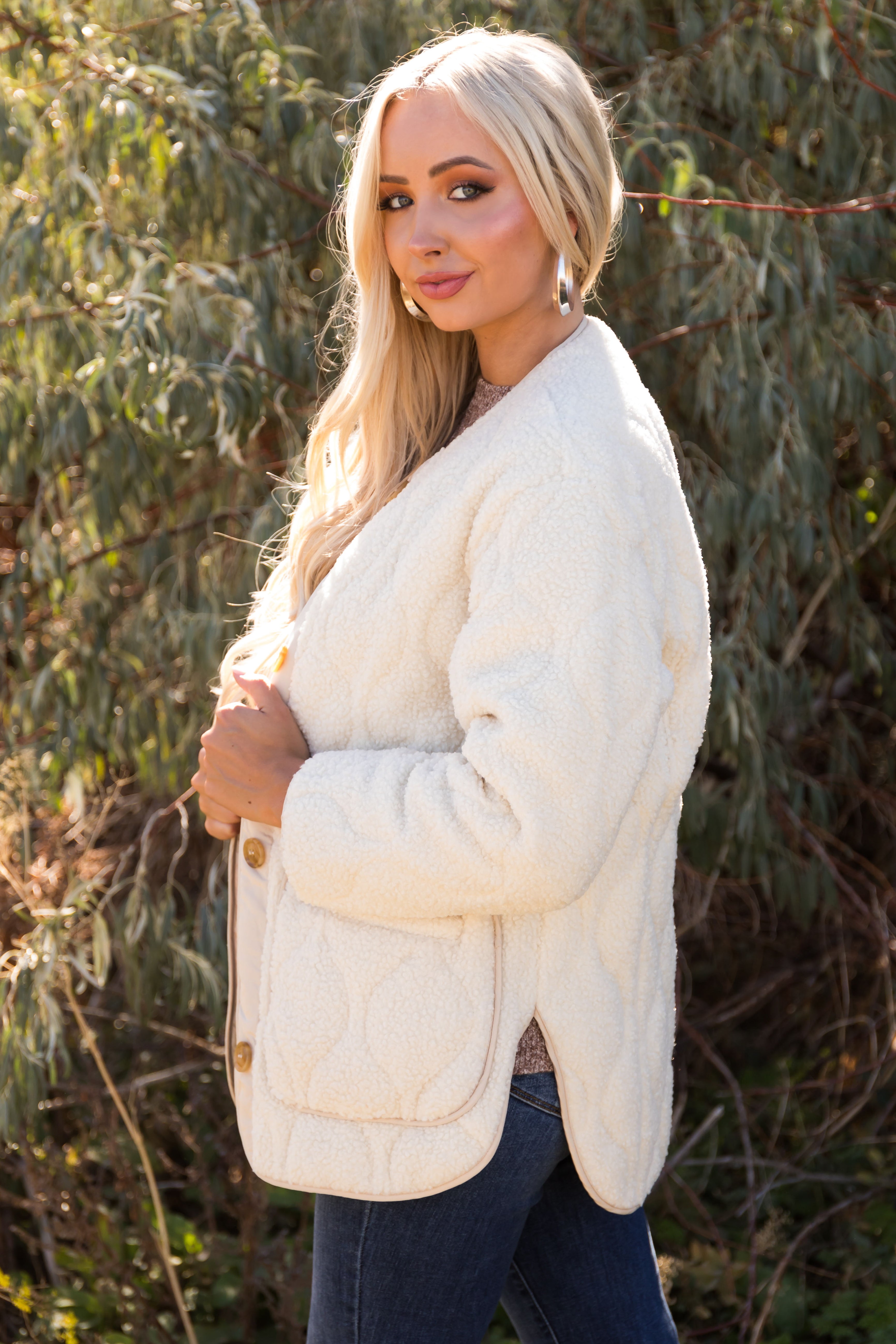 Cream Quilted Button Down Sherpa Jacket-Newayad