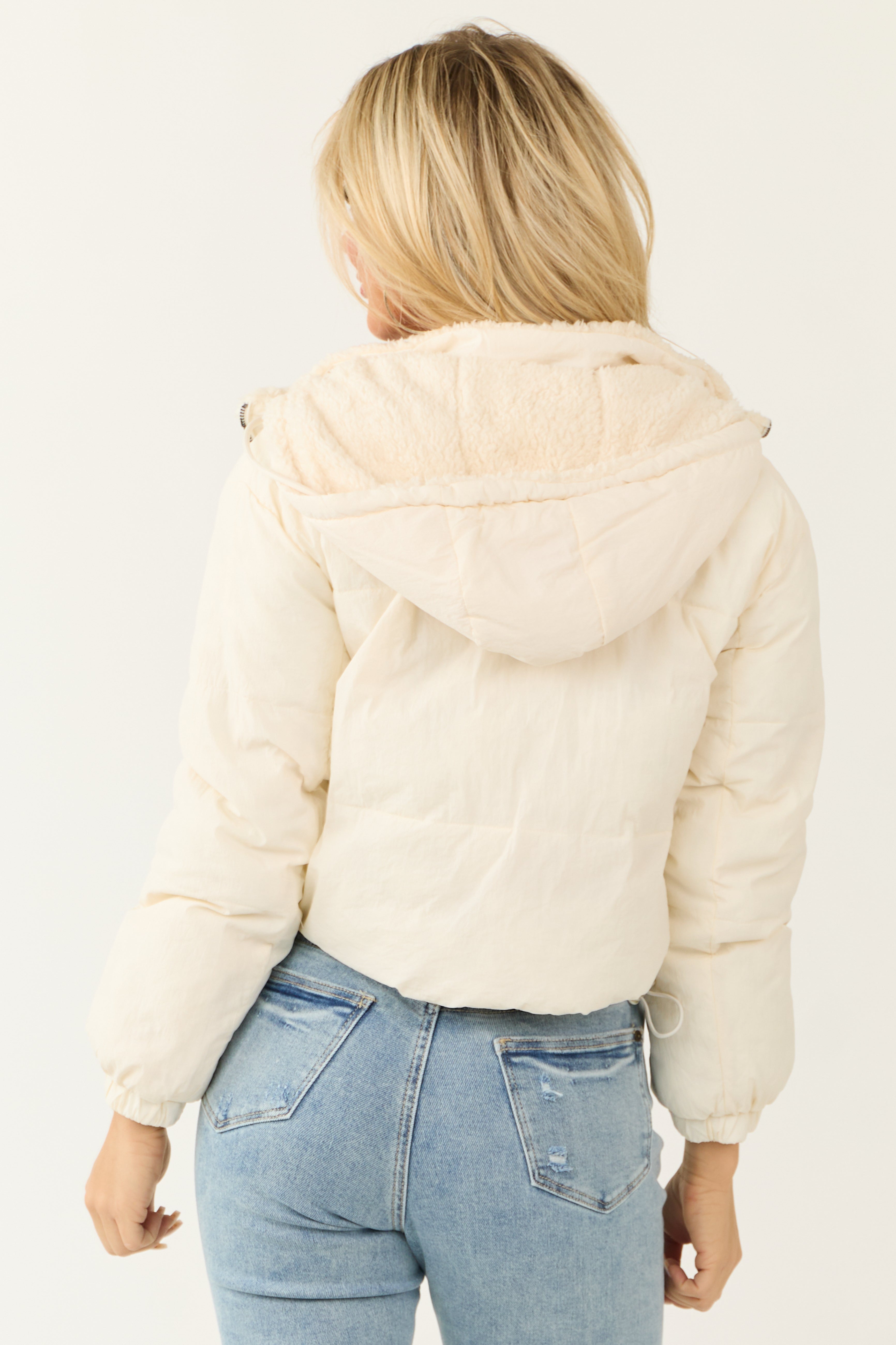 Cream Reversible Sherpa Zip Up Hooded Jacket-Newayad