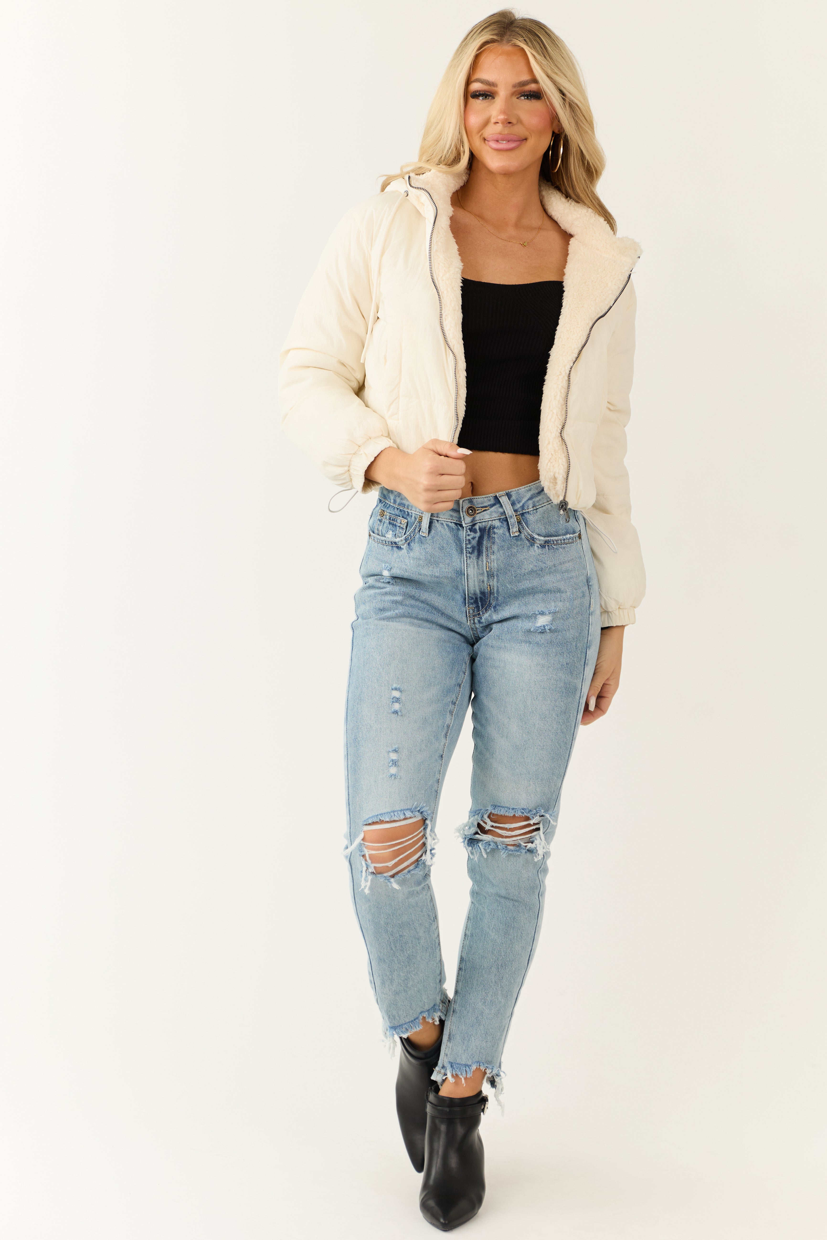 Cream Reversible Sherpa Zip Up Hooded Jacket-Newayad