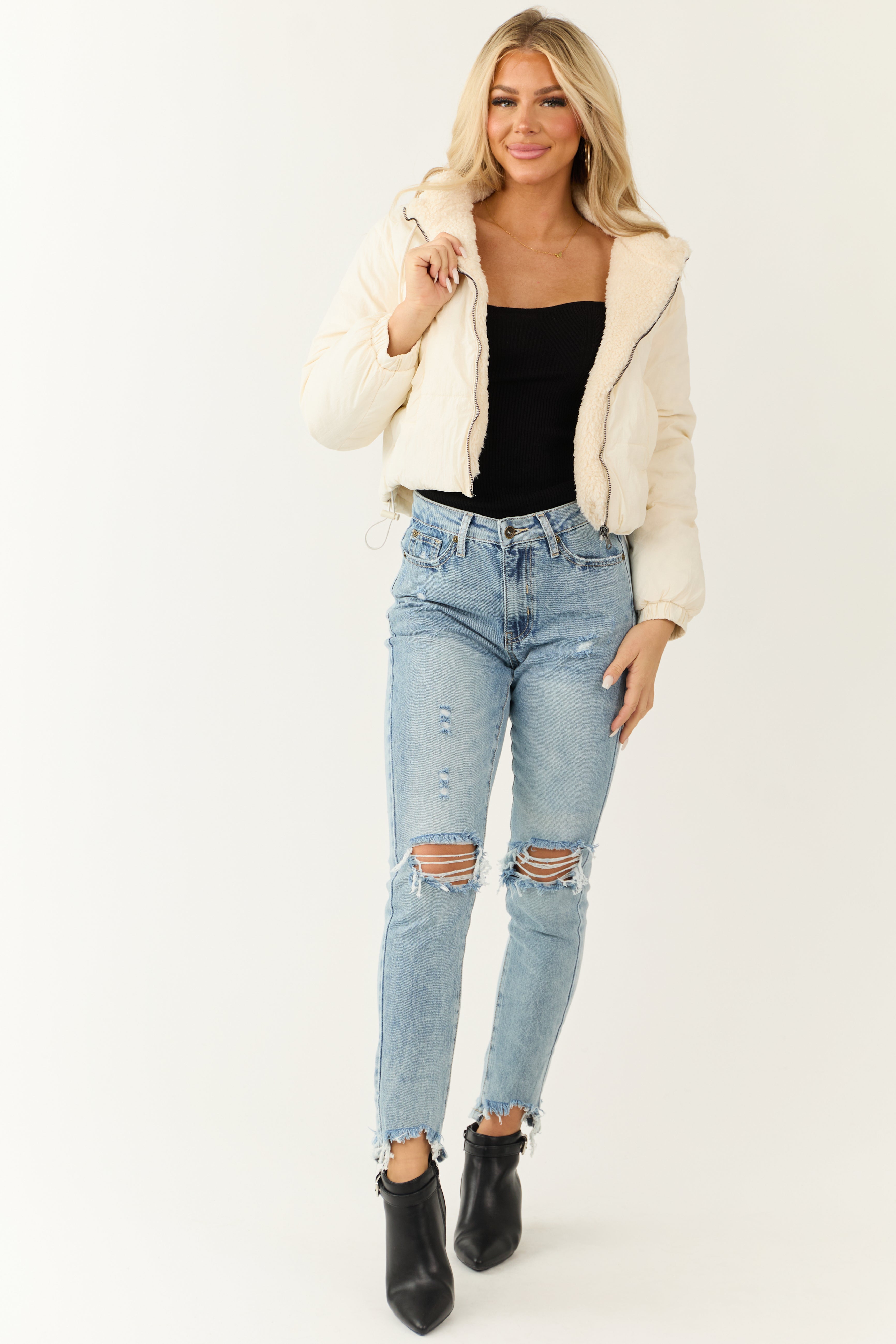 Cream Reversible Sherpa Zip Up Hooded Jacket-Newayad