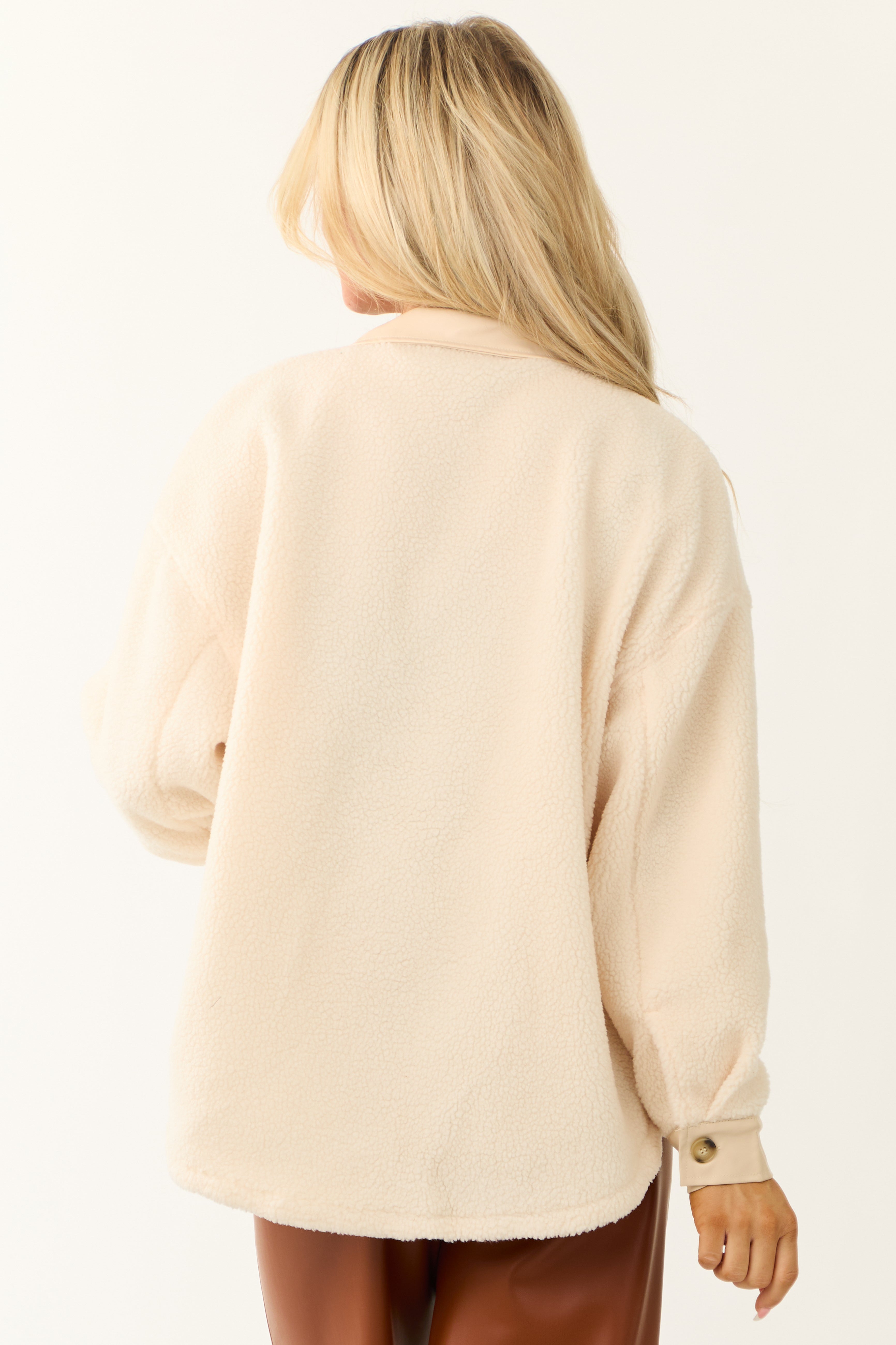 Cream Sherpa Shacket with Faux Leather Detail-Newayad