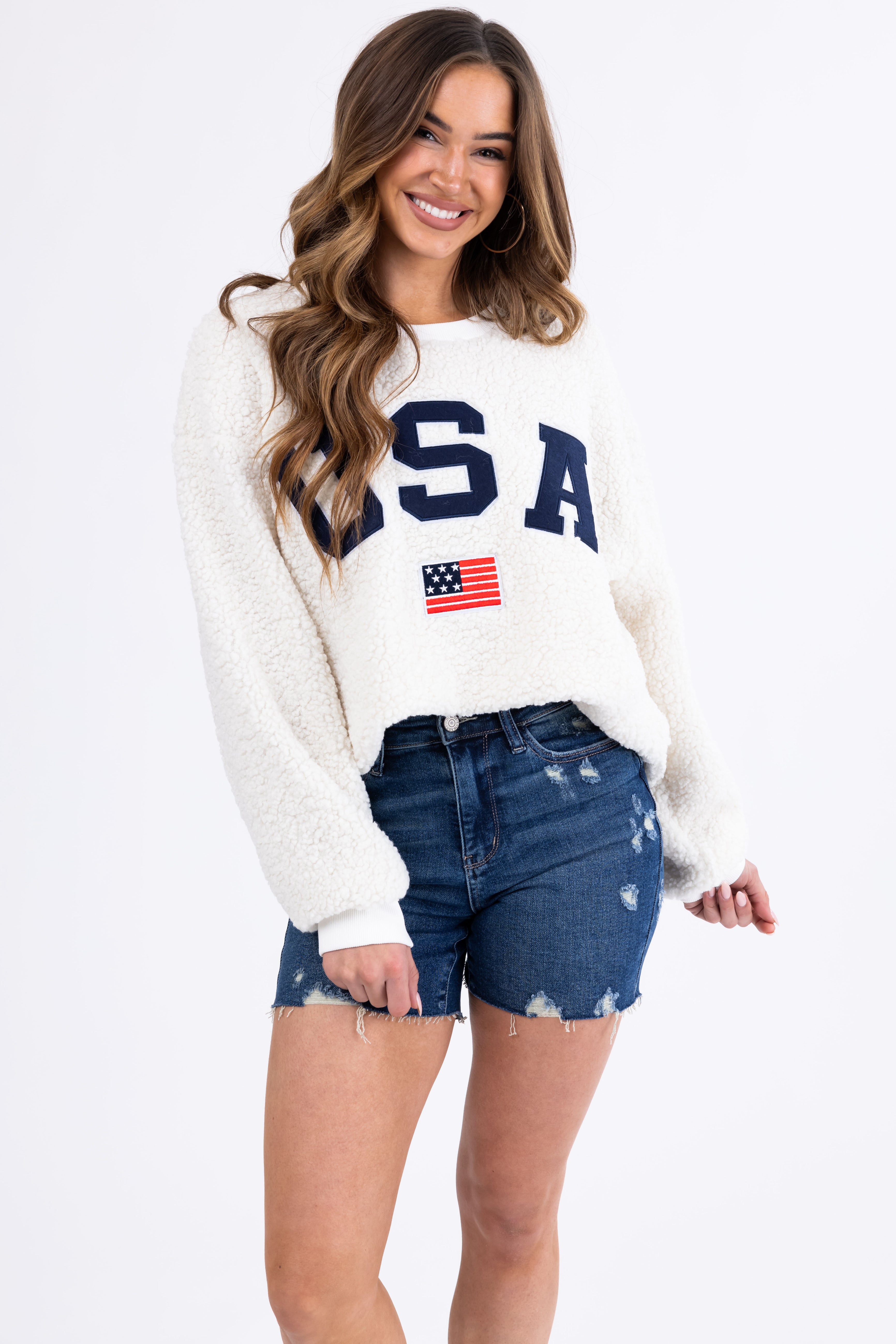Cream Sherpa 'USA' Embroidered Pullover-Newayad
