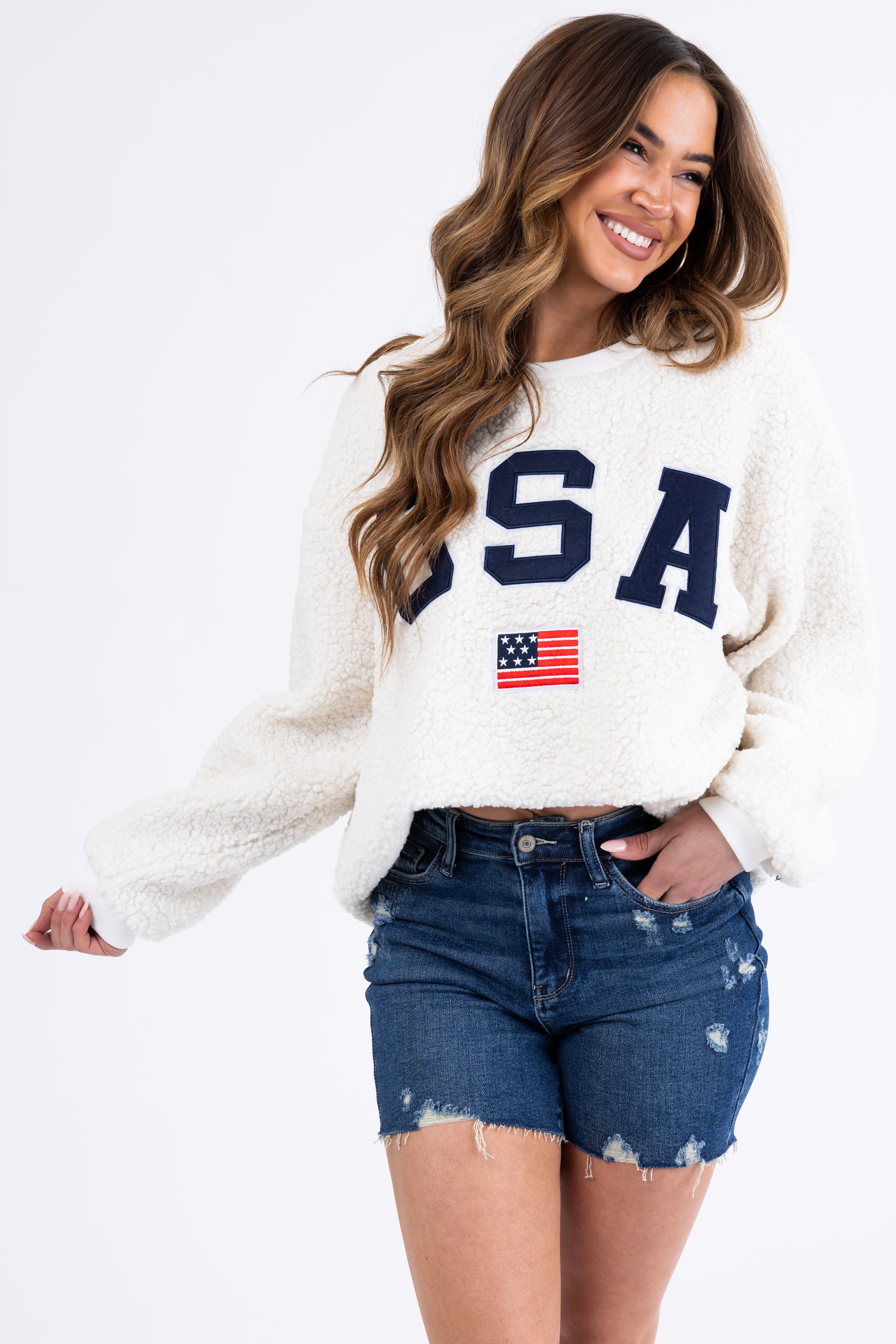 Cream Sherpa 'USA' Embroidered Pullover-Newayad
