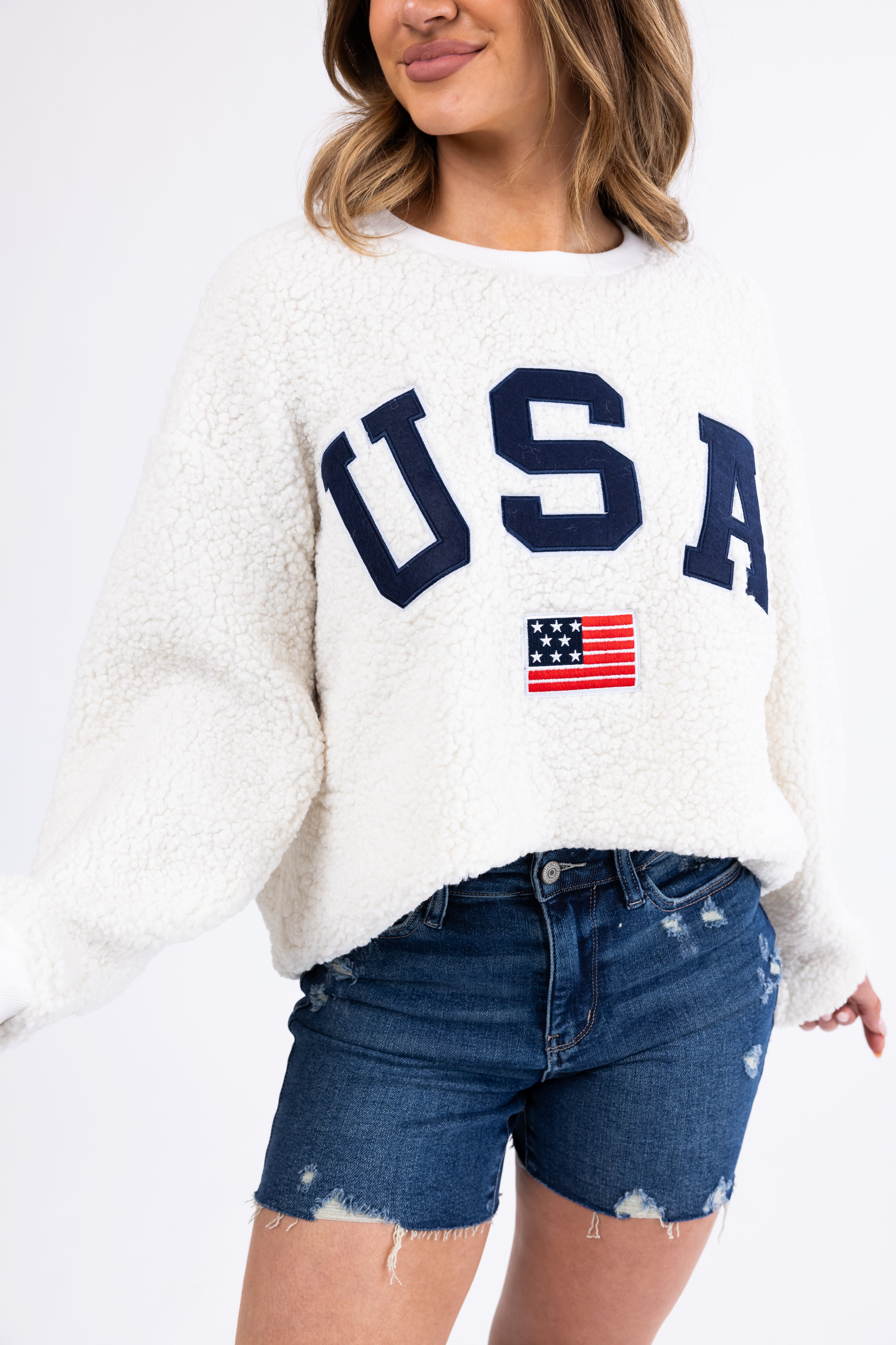 Cream Sherpa 'USA' Embroidered Pullover-Newayad