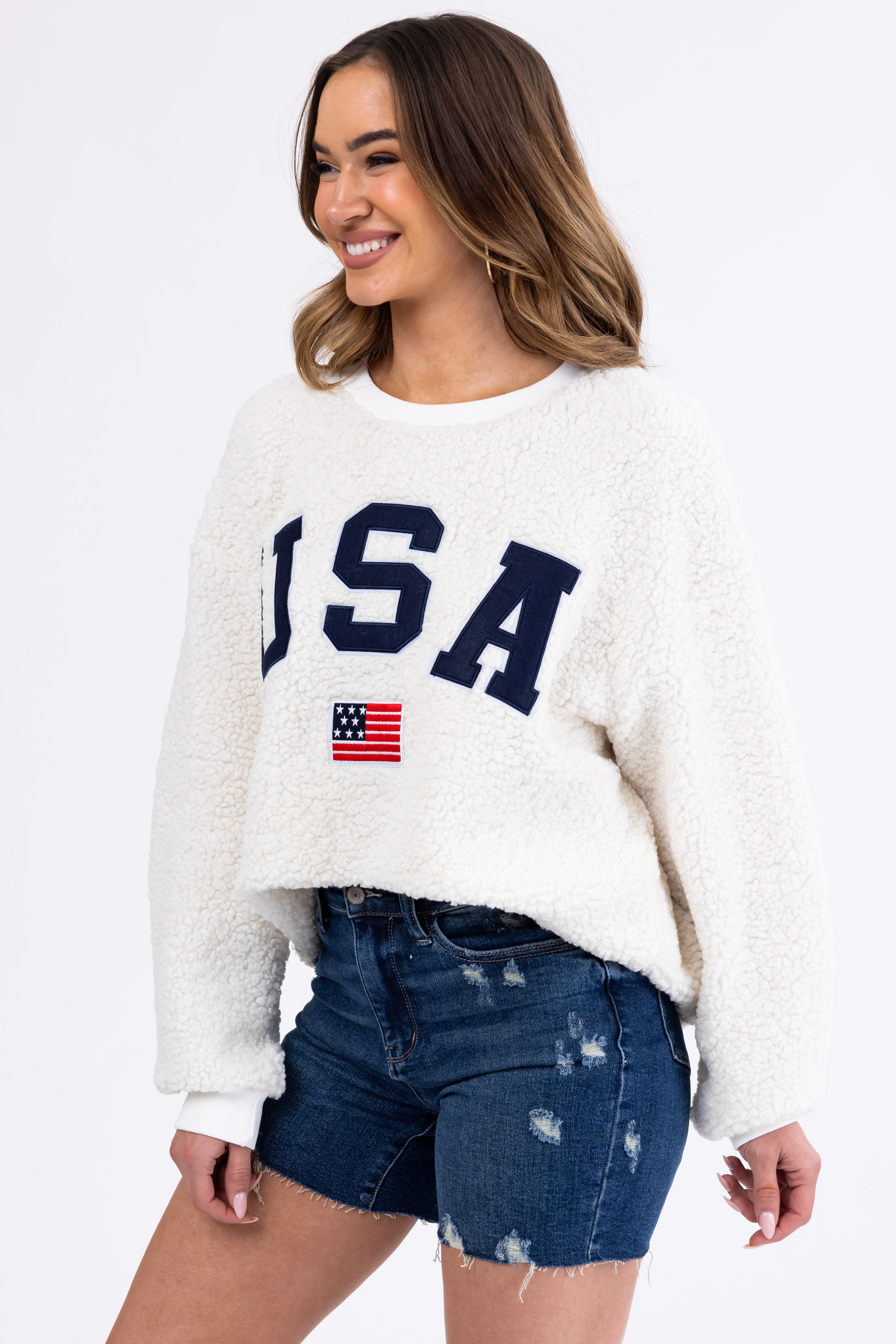 Cream Sherpa 'USA' Embroidered Pullover-Newayad