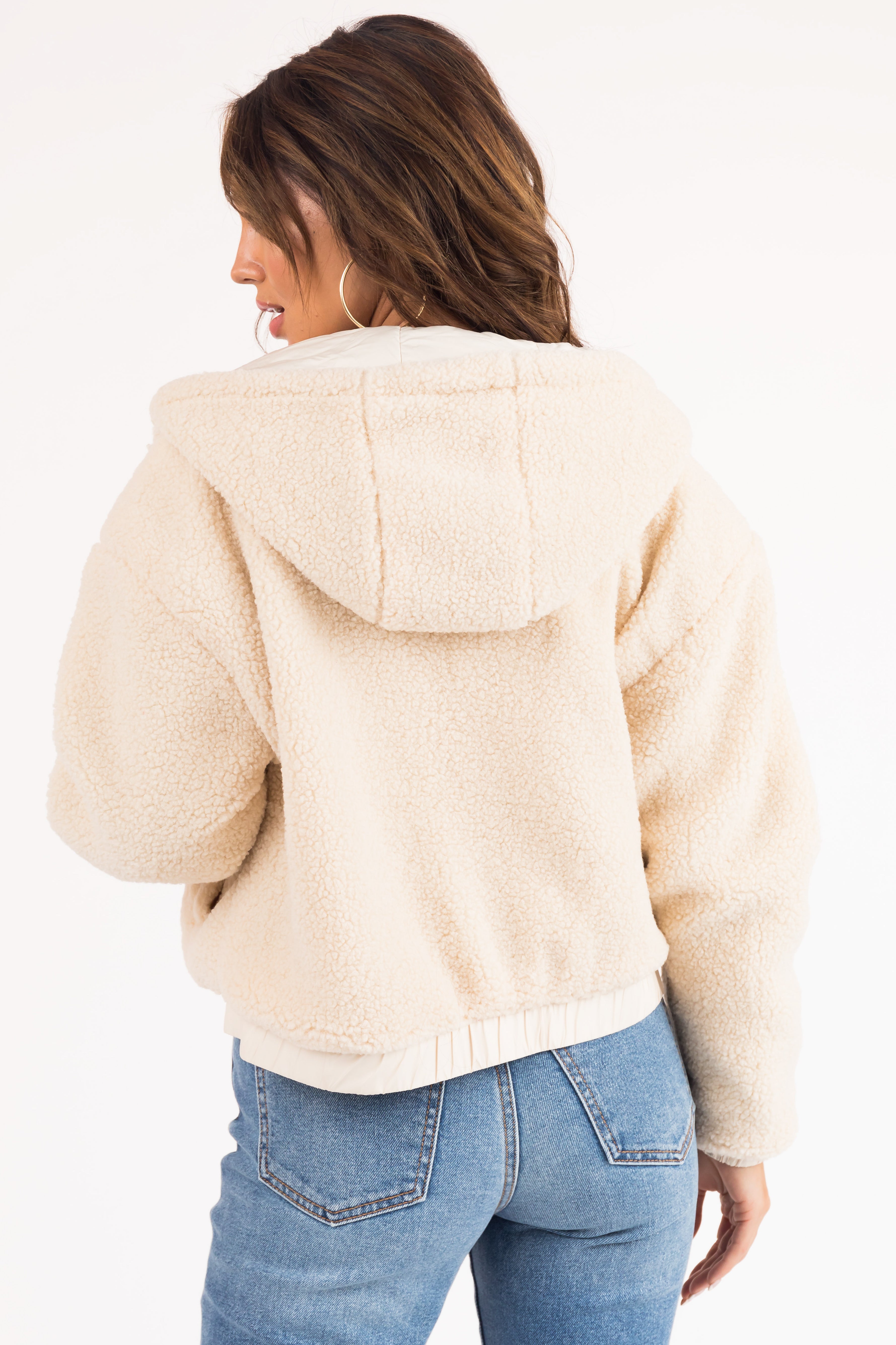 Cream Sherpa Zipper Hooded Jacket-Newayad