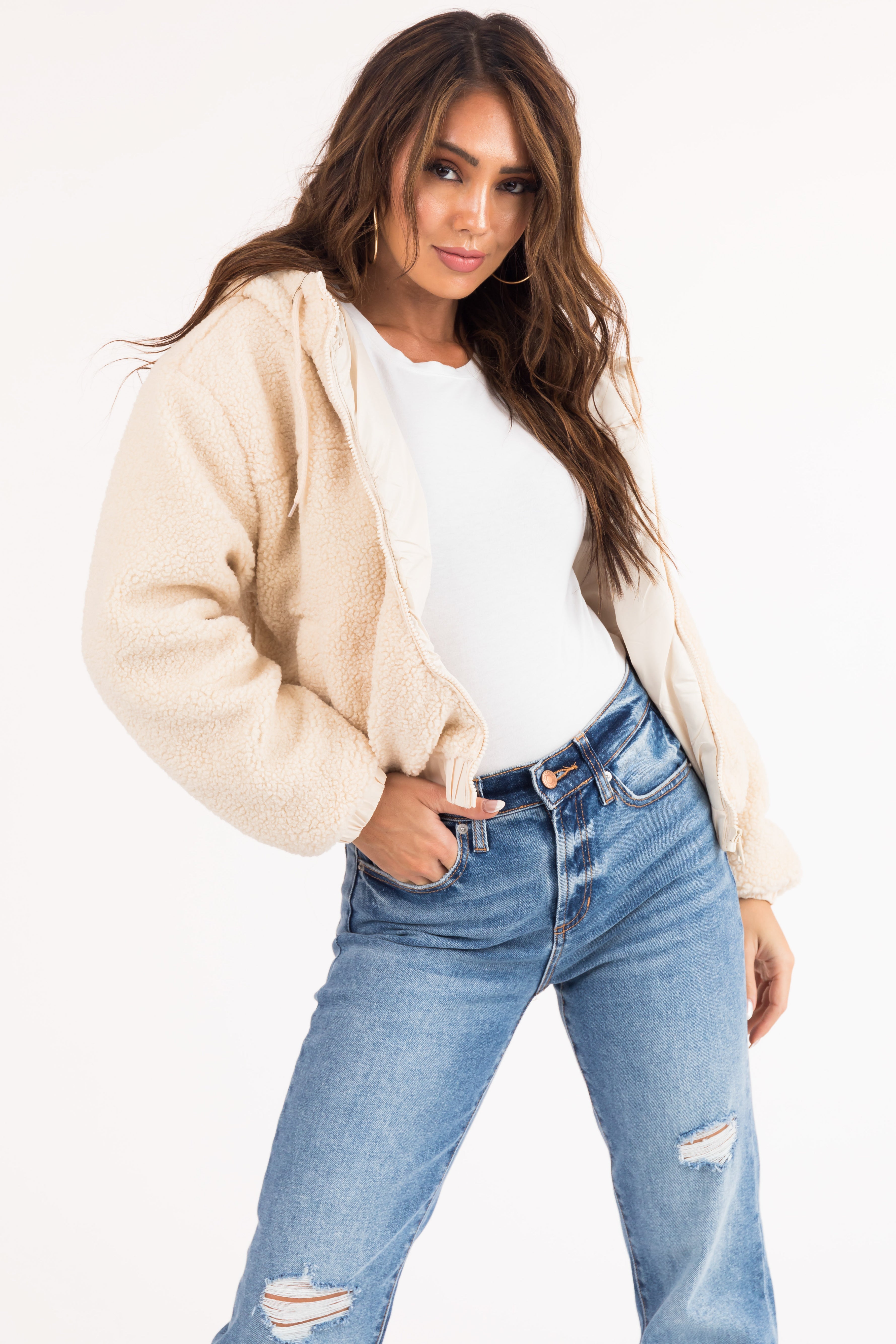 Cream Sherpa Zipper Hooded Jacket-Newayad