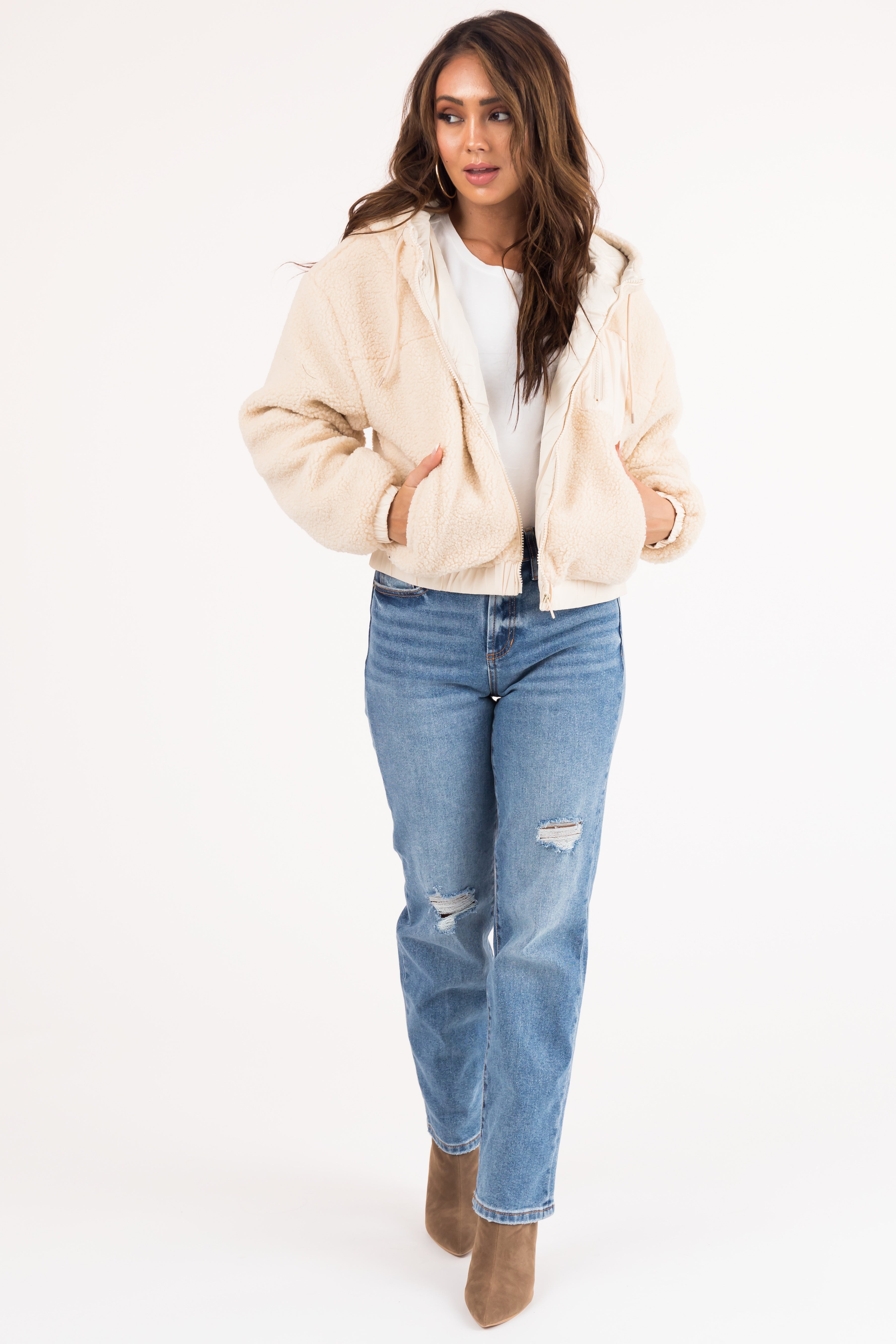 Cream Sherpa Zipper Hooded Jacket-Newayad