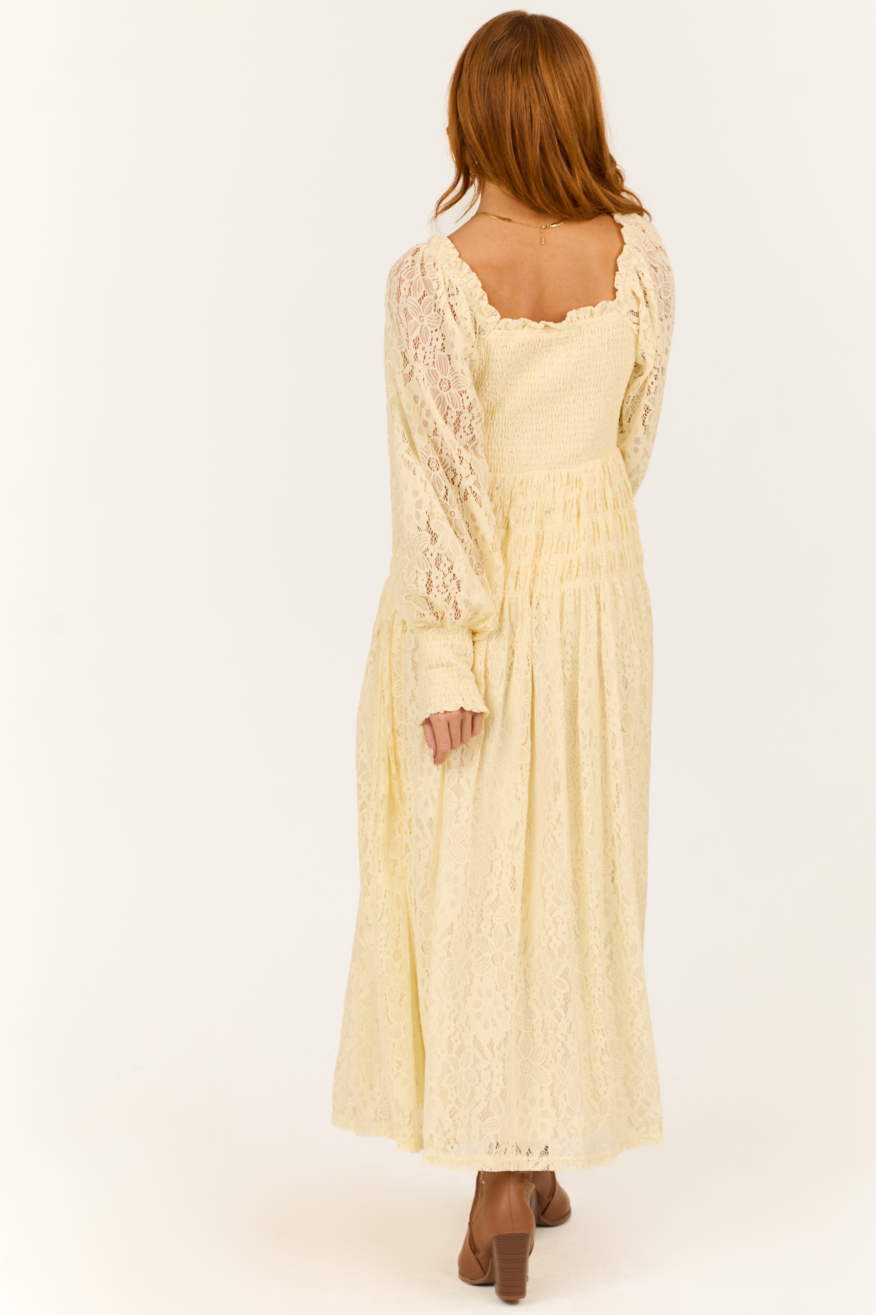 Cream Smocked Bubble Sleeve Lace Maxi Dress-Newayad