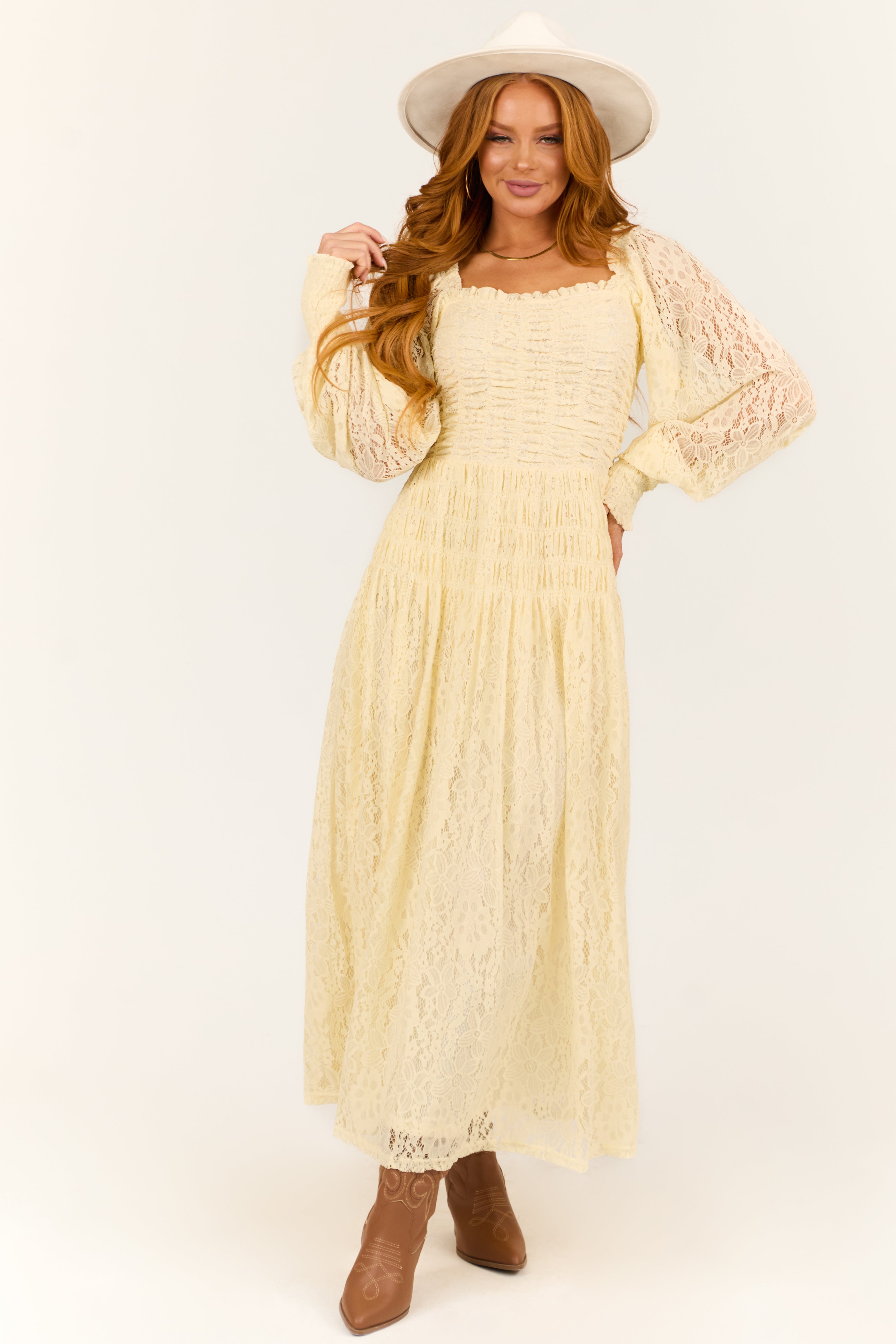 Cream Smocked Bubble Sleeve Lace Maxi Dress-Newayad