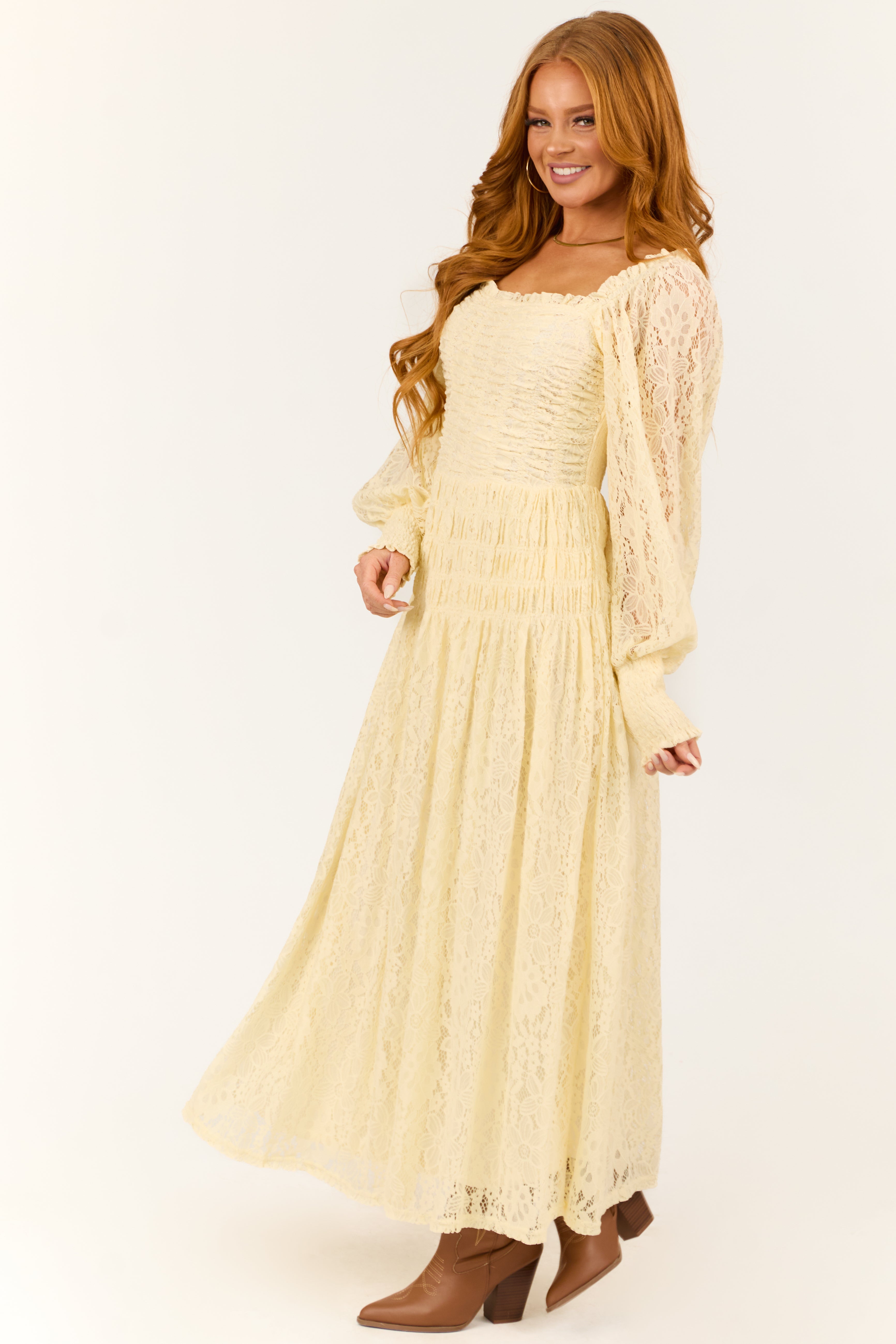 Cream Smocked Bubble Sleeve Lace Maxi Dress-Newayad