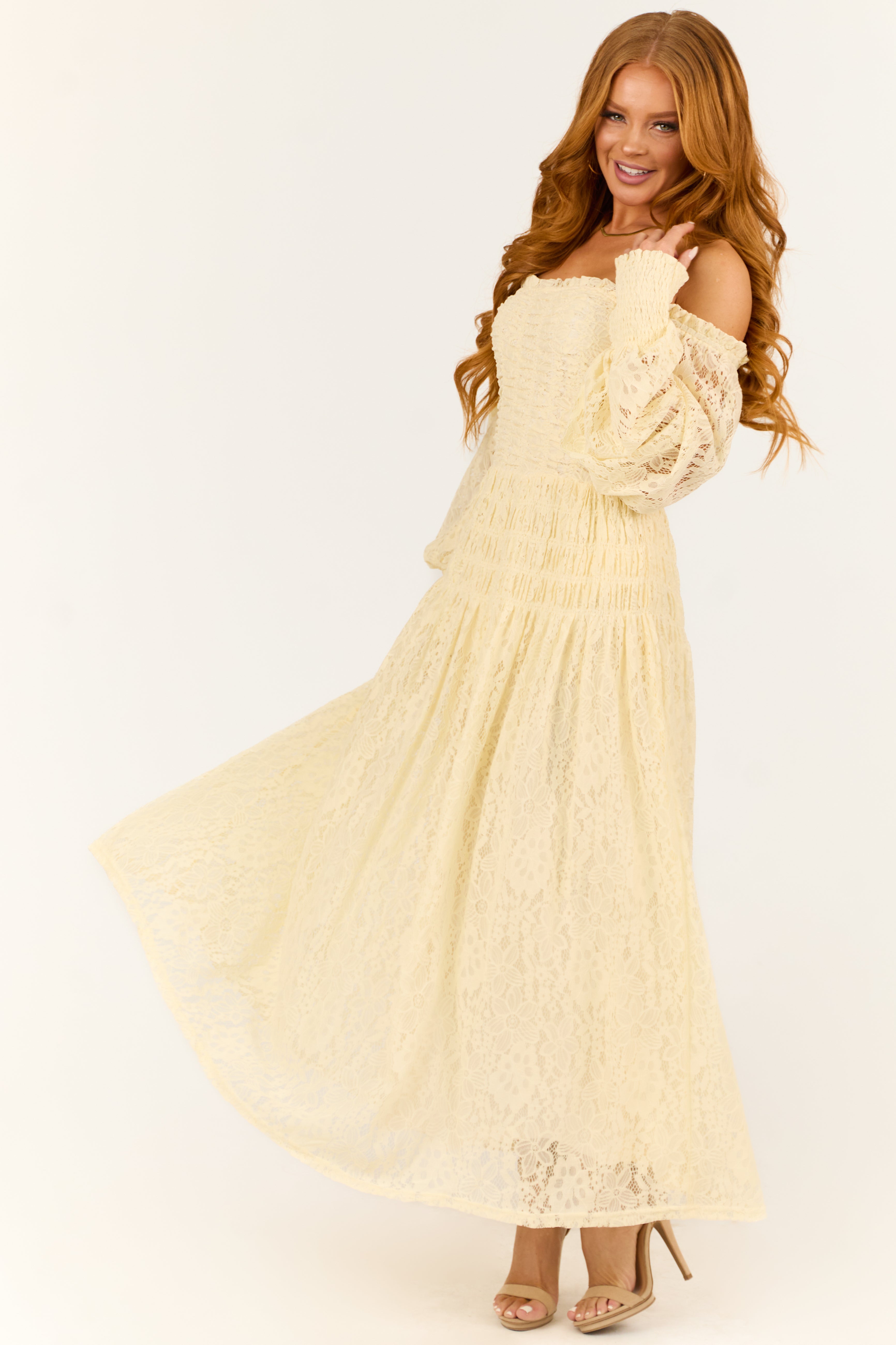 Cream Smocked Bubble Sleeve Lace Maxi Dress-Newayad