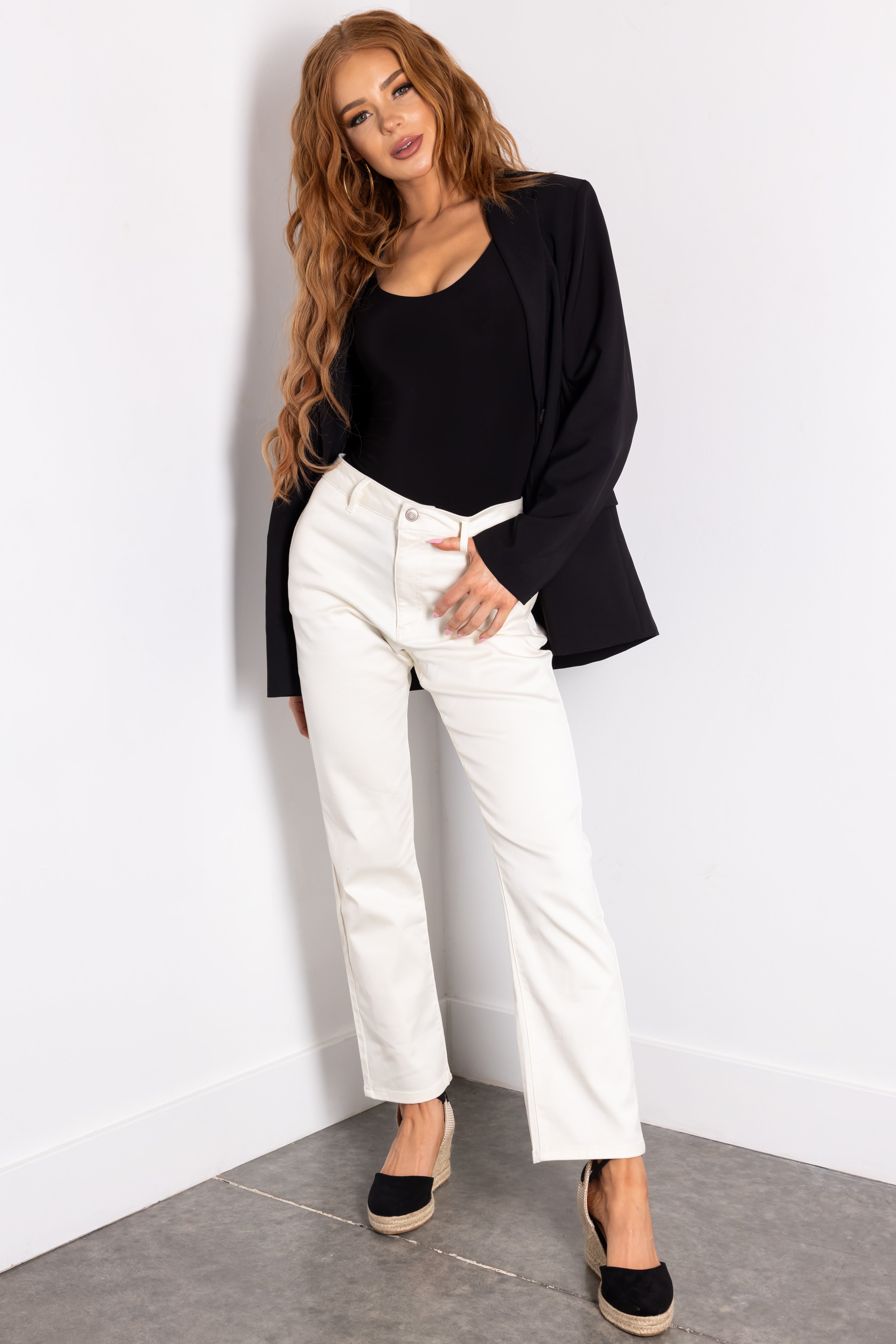 Cream Straight Fit High Waisted Twill Jeans-Newayad
