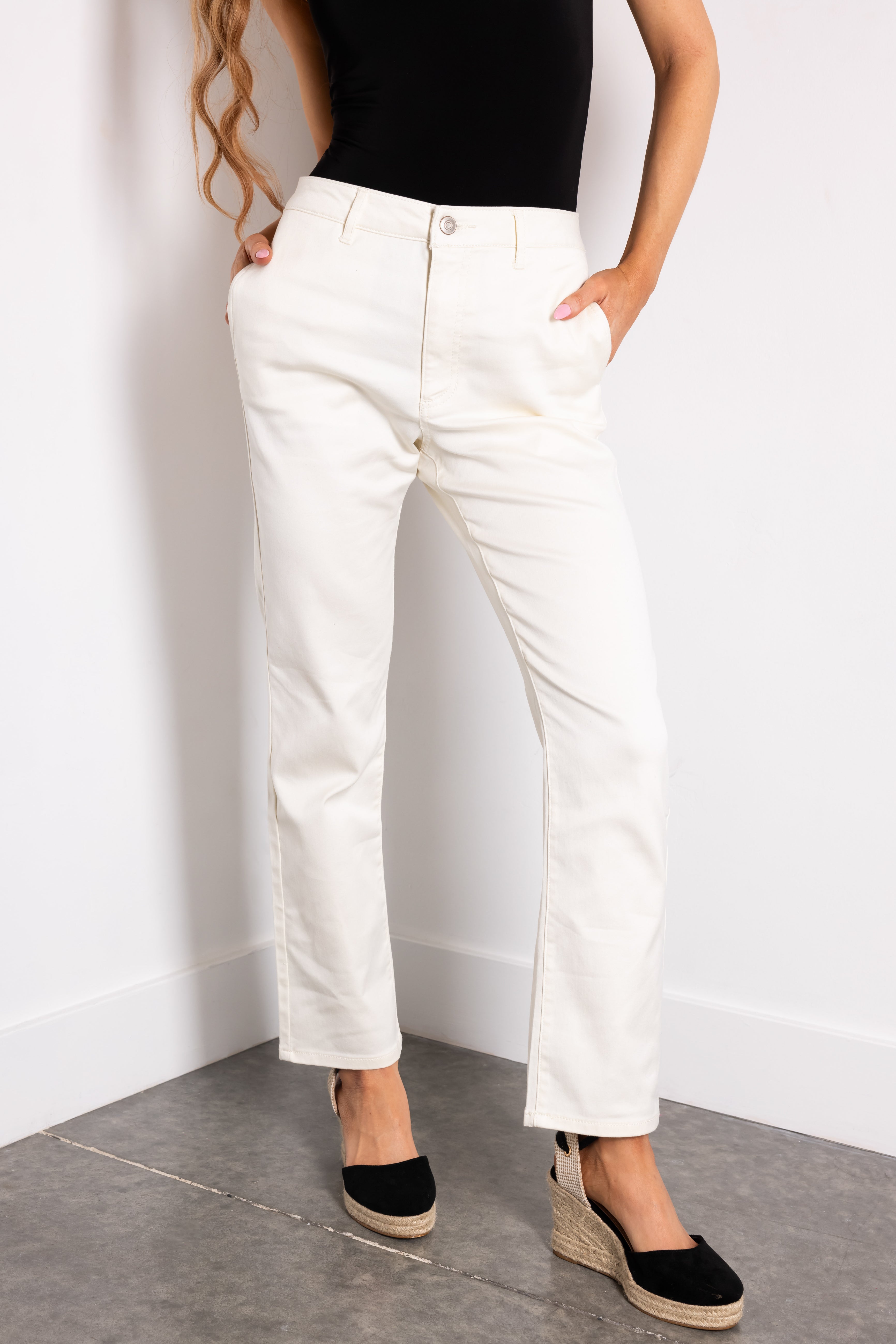Cream Straight Fit High Waisted Twill Jeans-Newayad