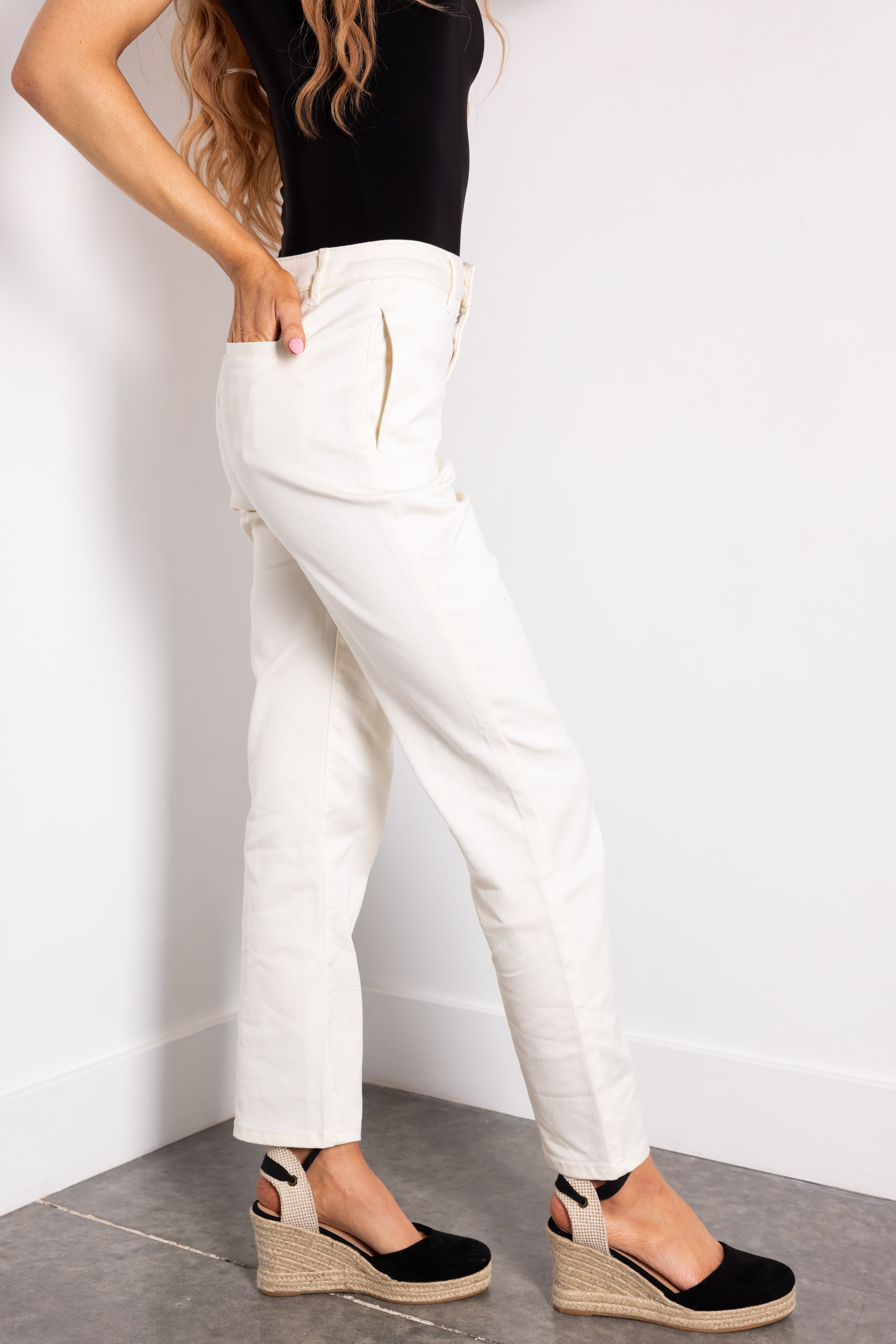 Cream Straight Fit High Waisted Twill Jeans-Newayad
