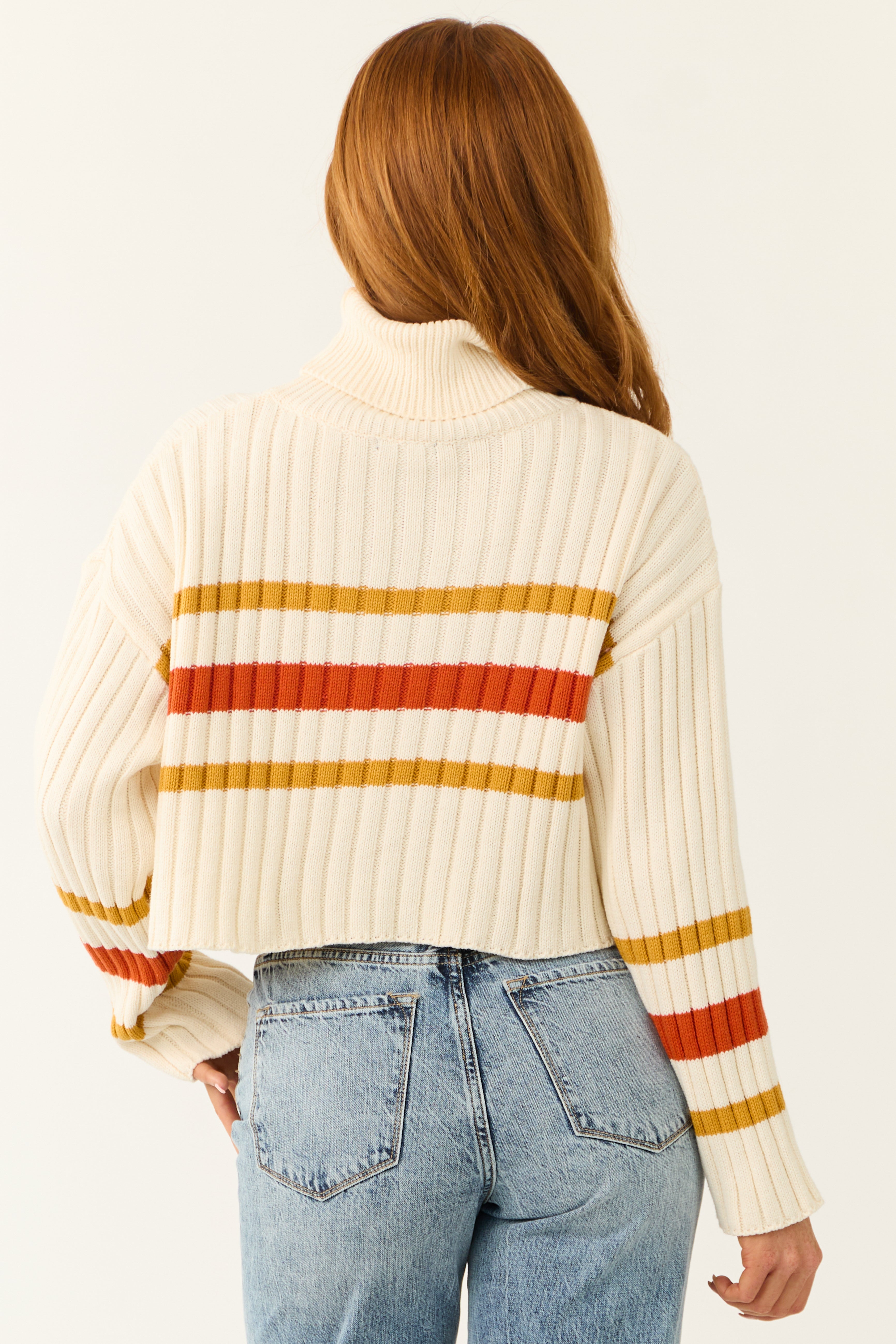 Cream Striped Turtleneck Cropped Sweater-Newayad