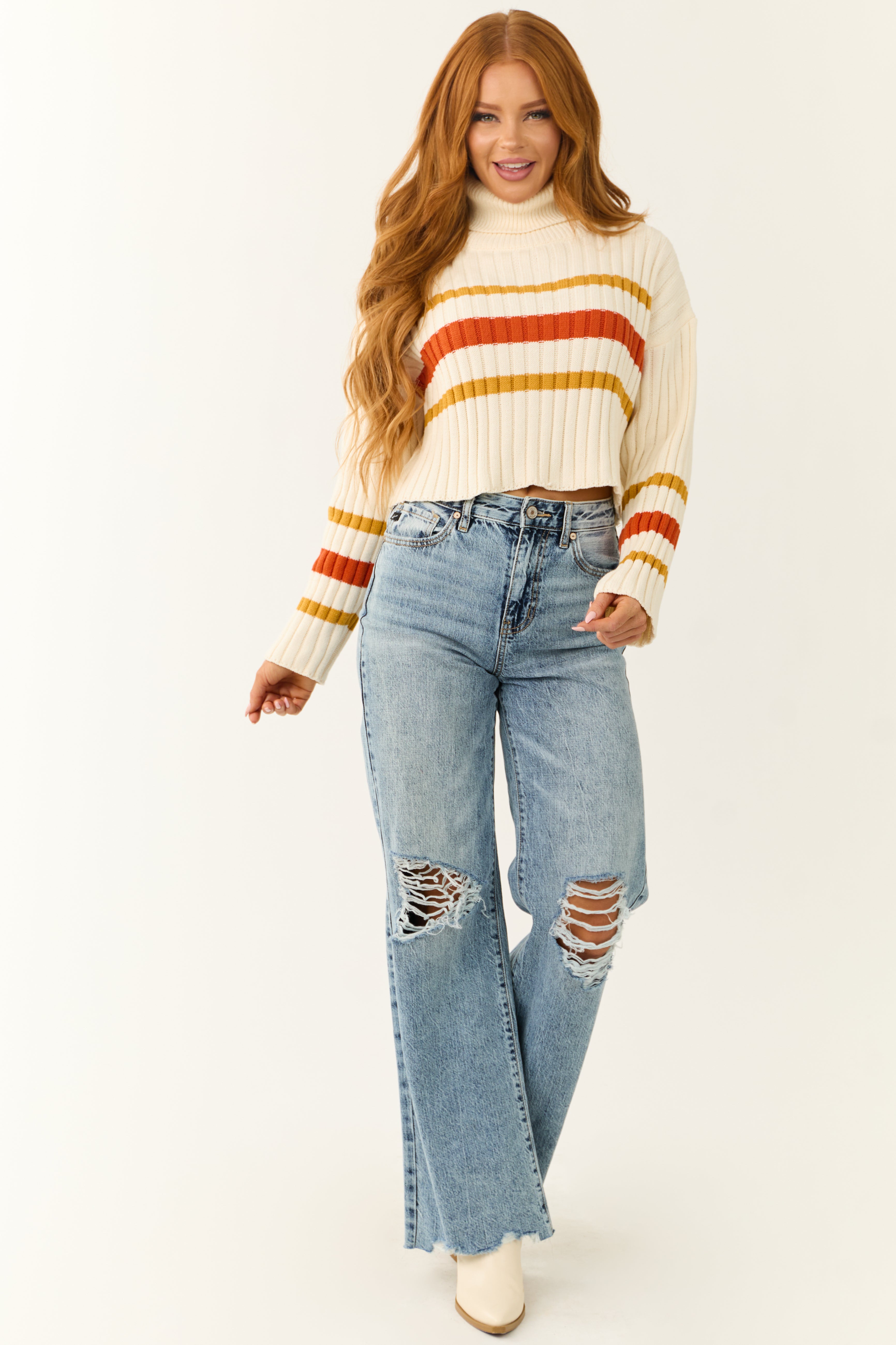 Cream Striped Turtleneck Cropped Sweater-Newayad