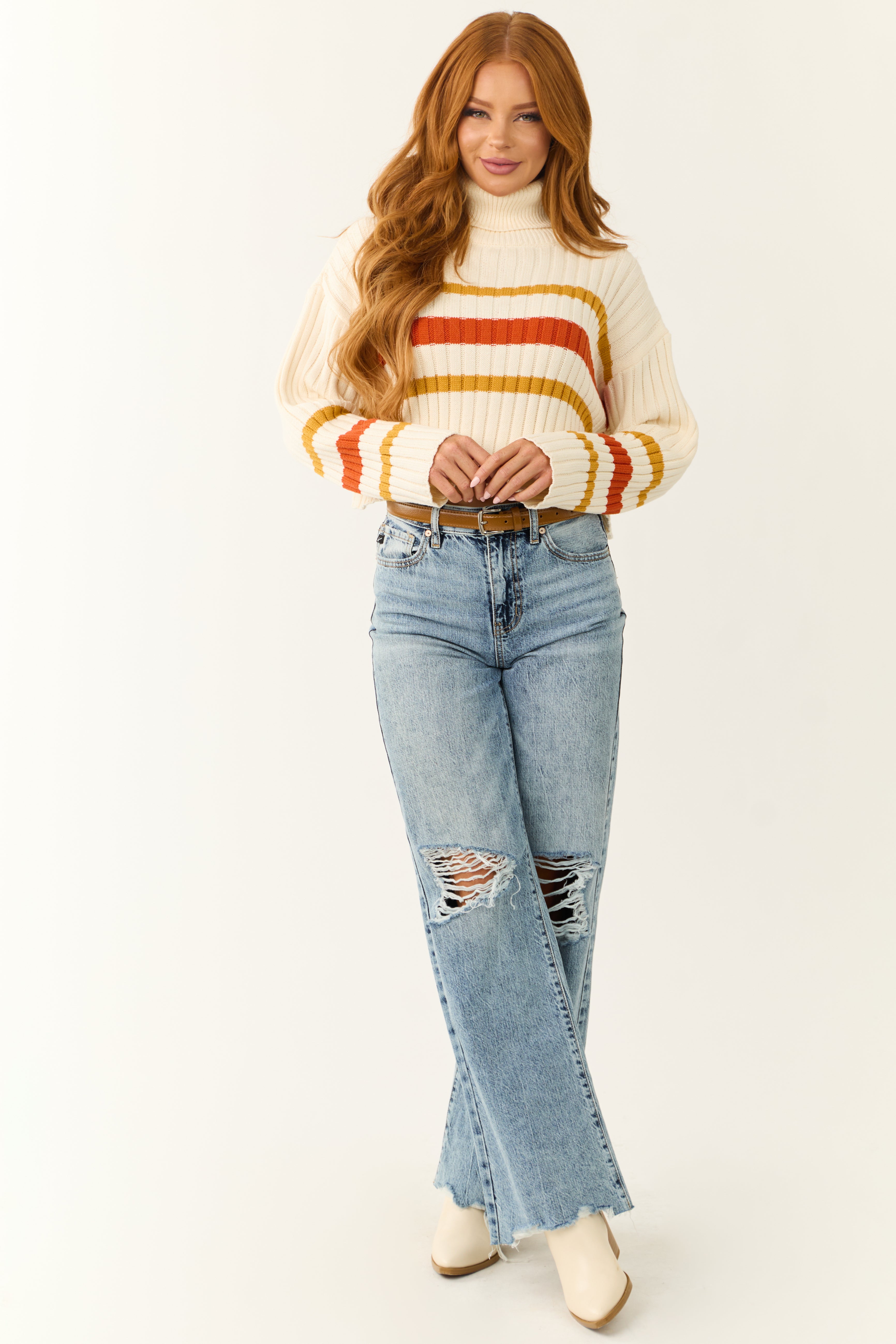 Cream Striped Turtleneck Cropped Sweater-Newayad
