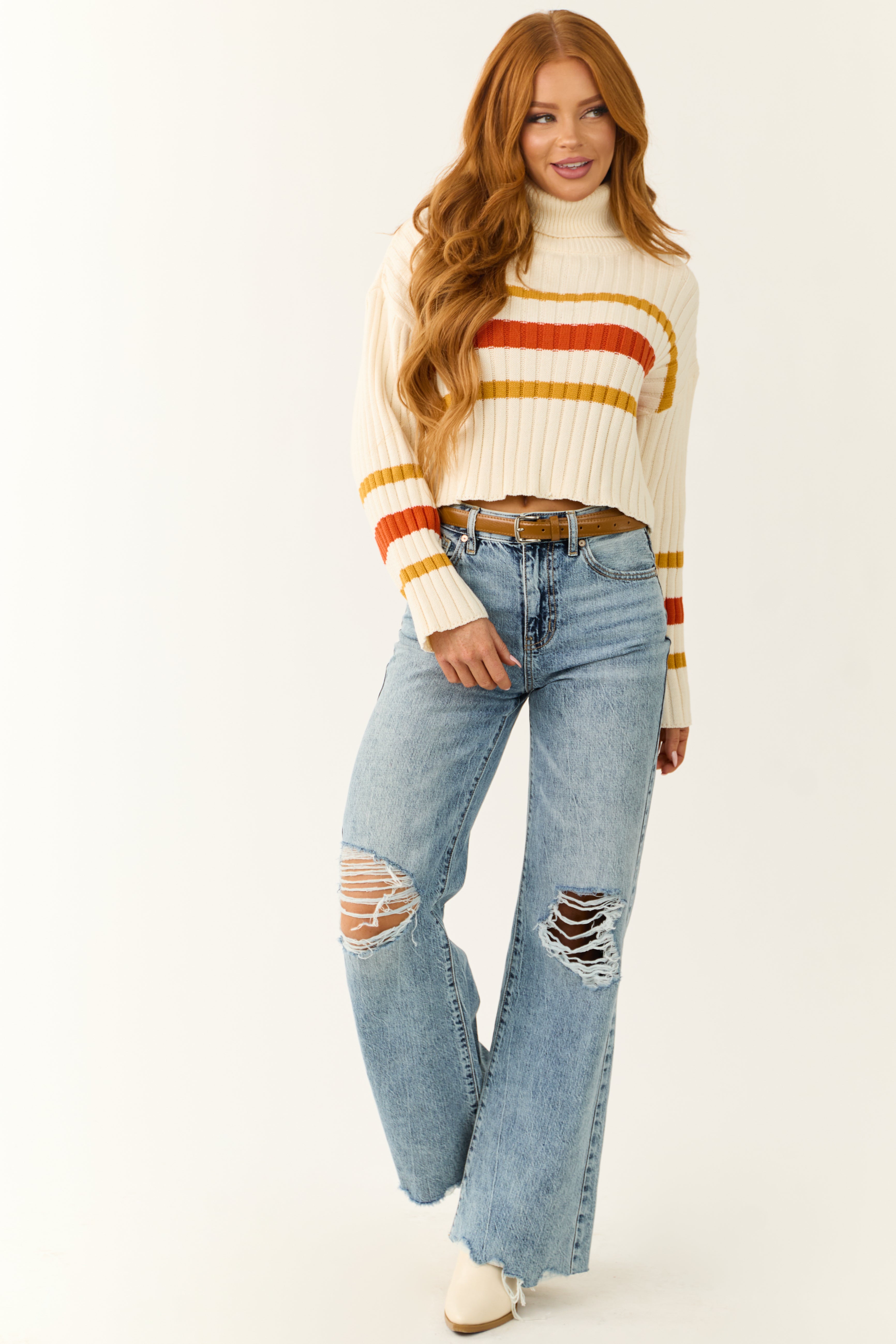 Cream Striped Turtleneck Cropped Sweater-Newayad