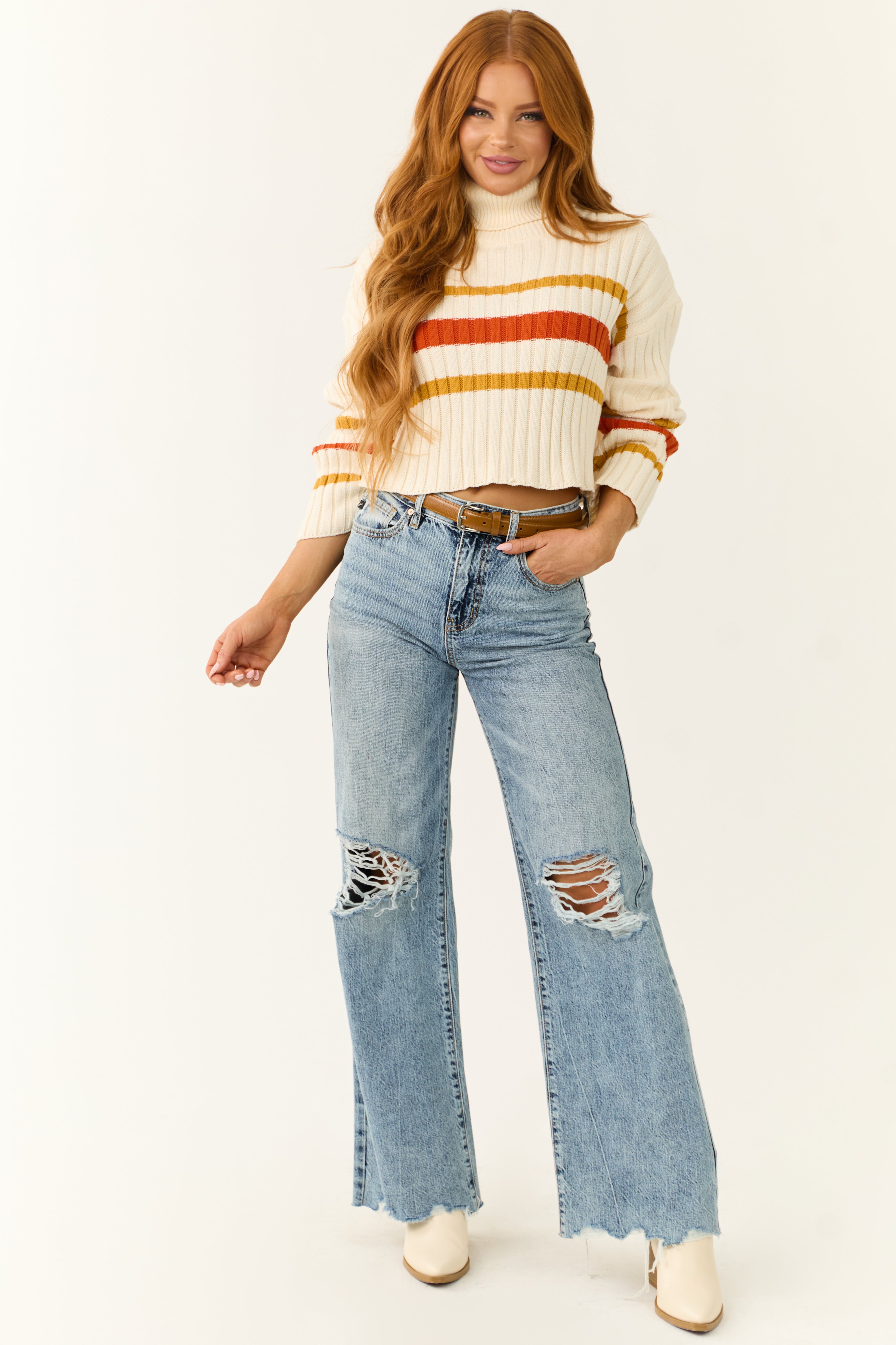 Cream Striped Turtleneck Cropped Sweater-Newayad