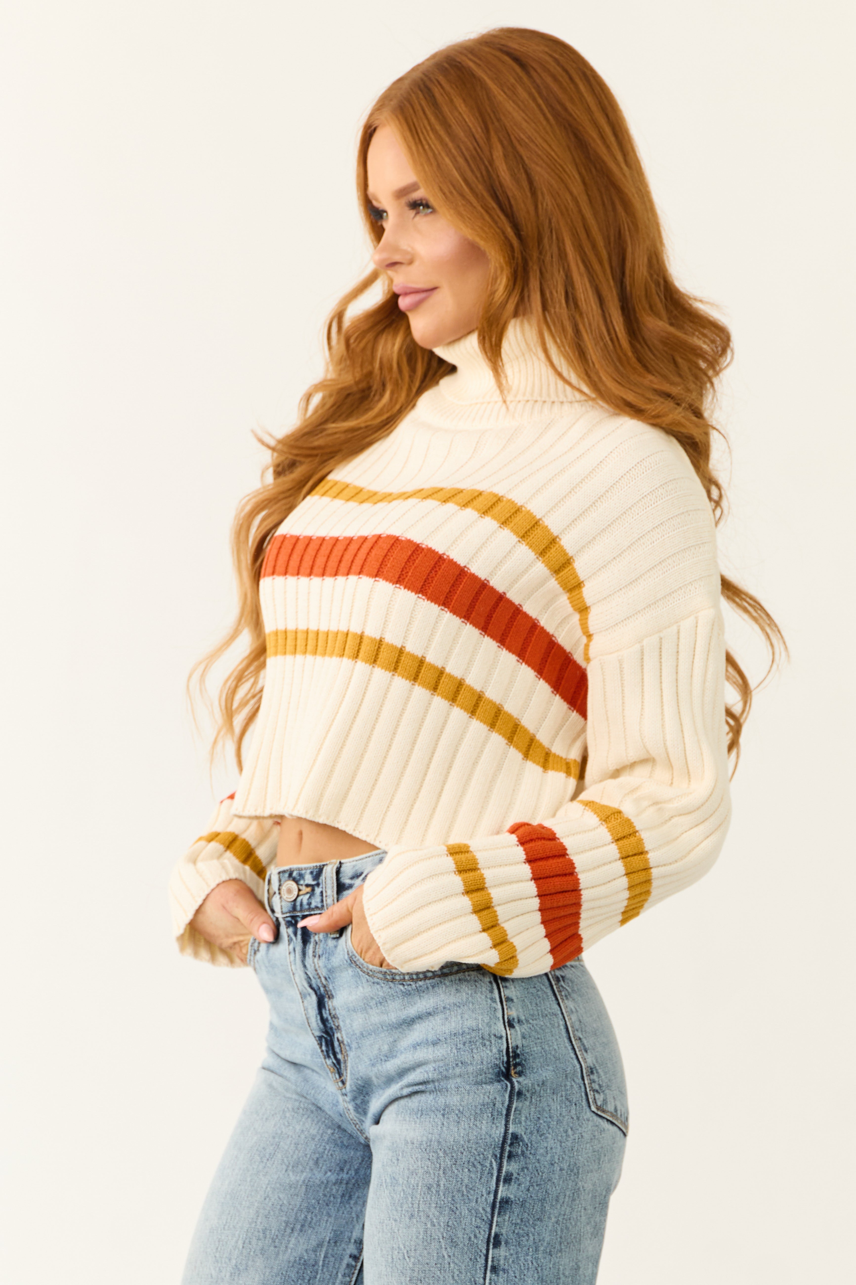 Cream Striped Turtleneck Cropped Sweater-Newayad