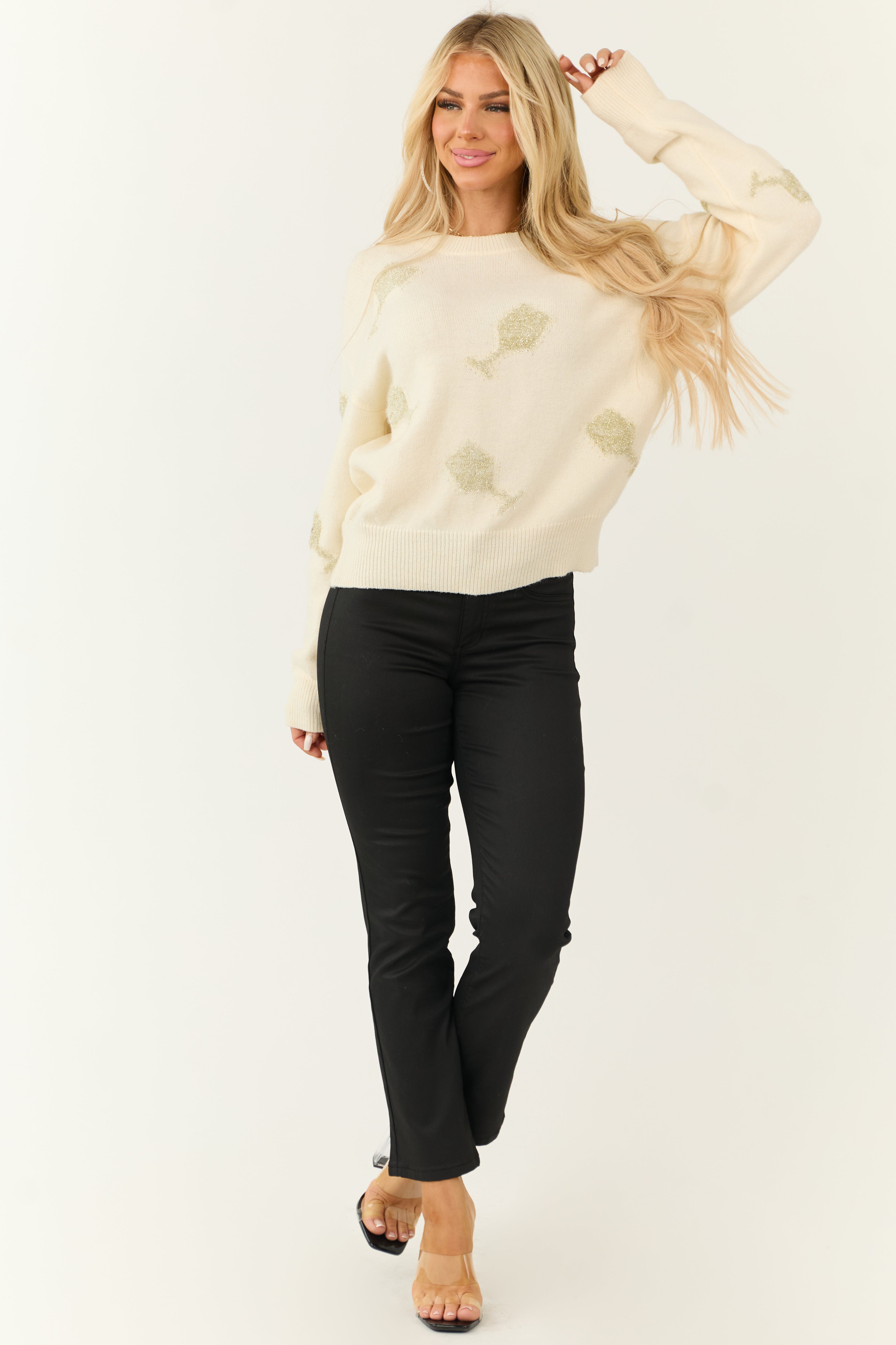 Cream Tinsel Champagne Graphic Knit Sweater-Newayad