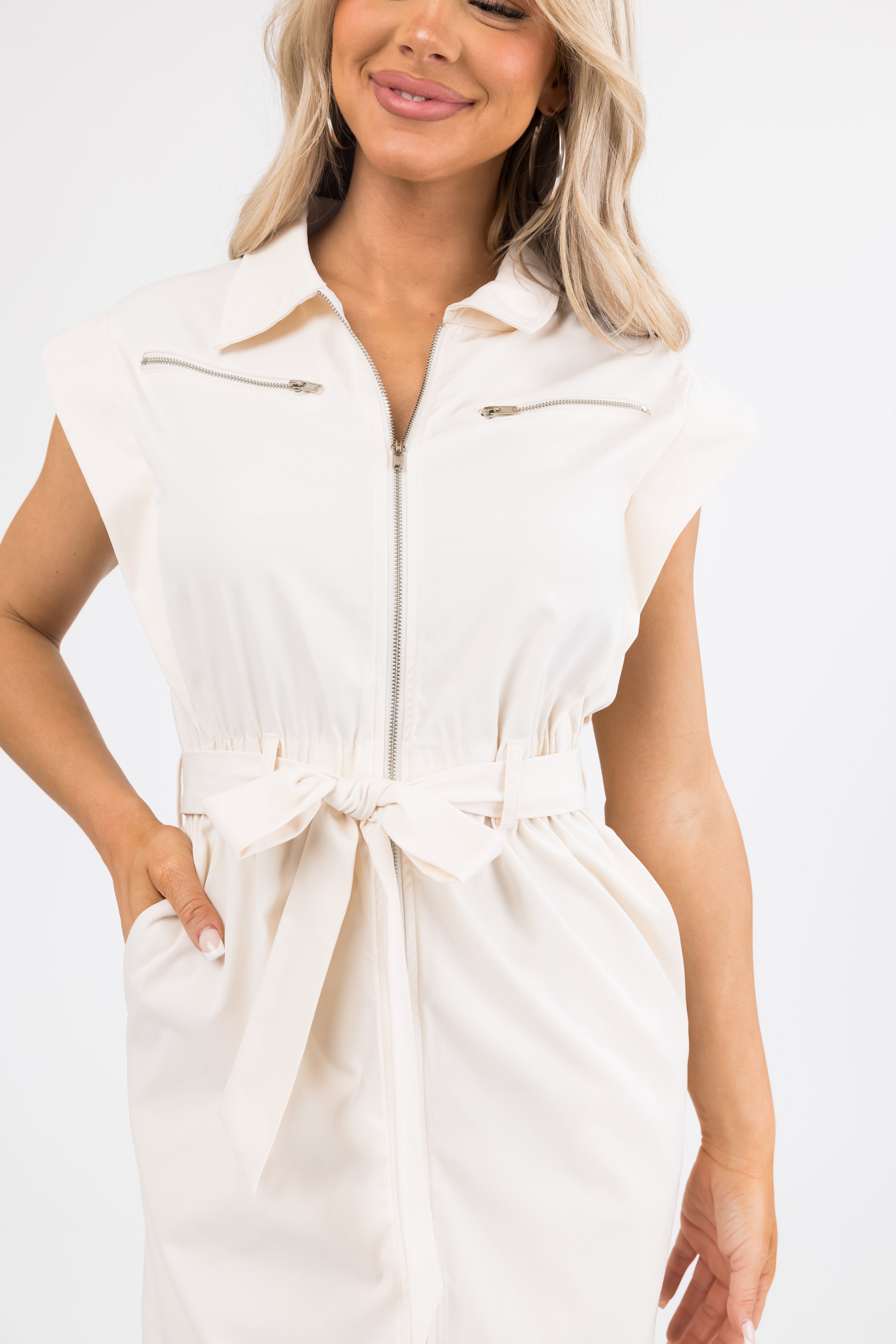 Cream Zip Up Waist Tie Short Sleeve Mini Dress-Newayad