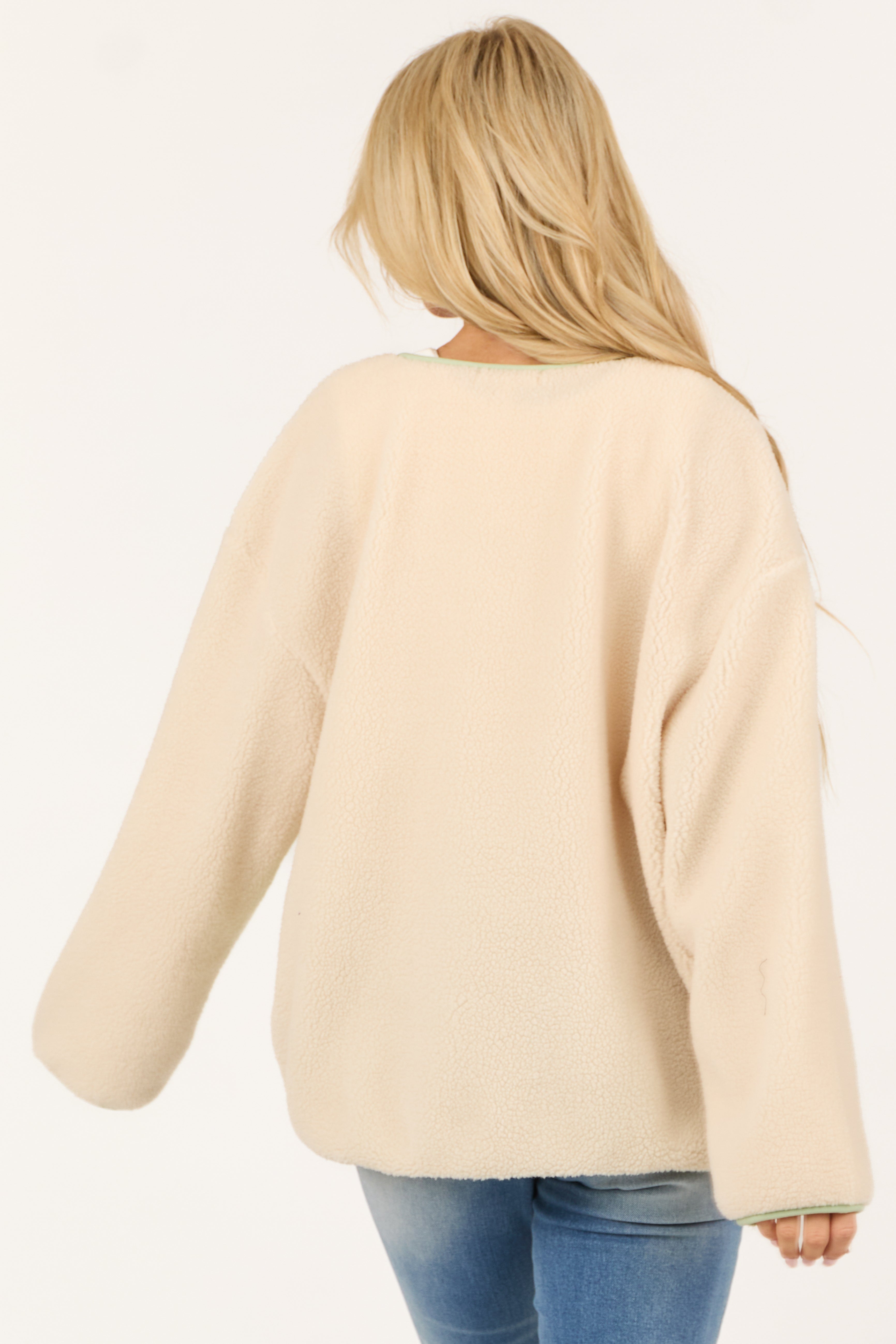 Cream and Mint Sherpa Button Down Jacket-Newayad