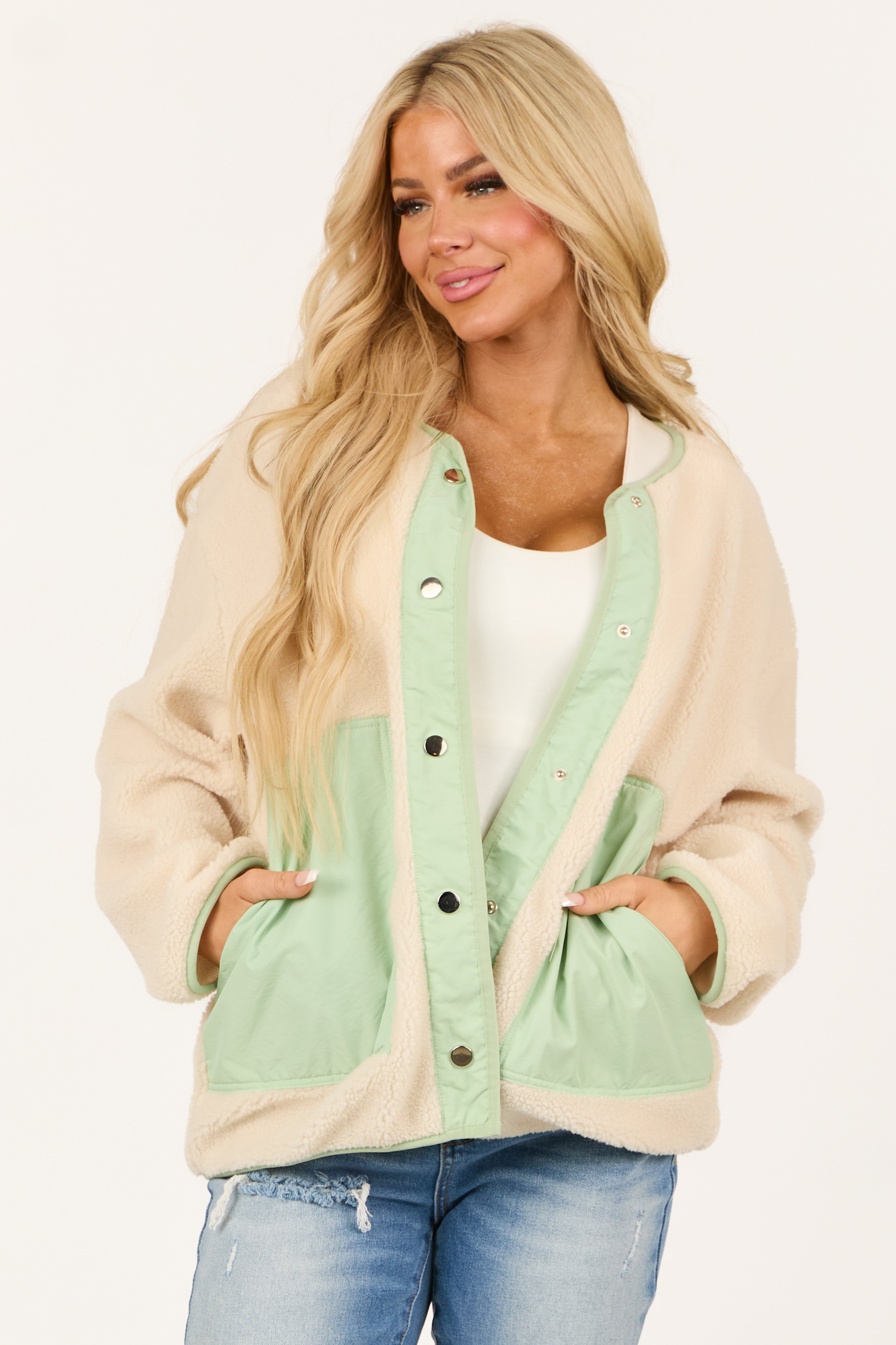 Cream and Mint Sherpa Button Down Jacket-Newayad