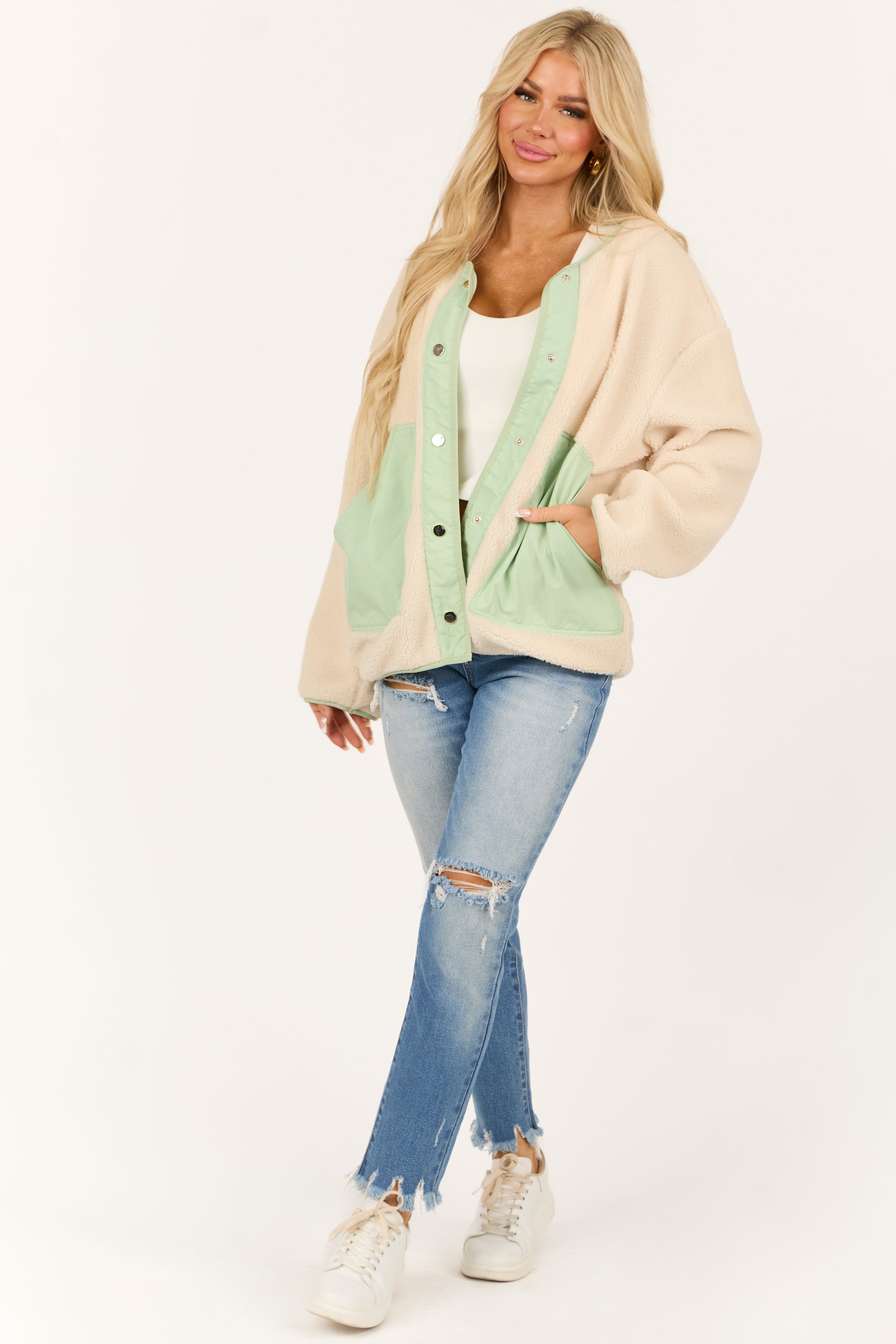 Cream and Mint Sherpa Button Down Jacket-Newayad