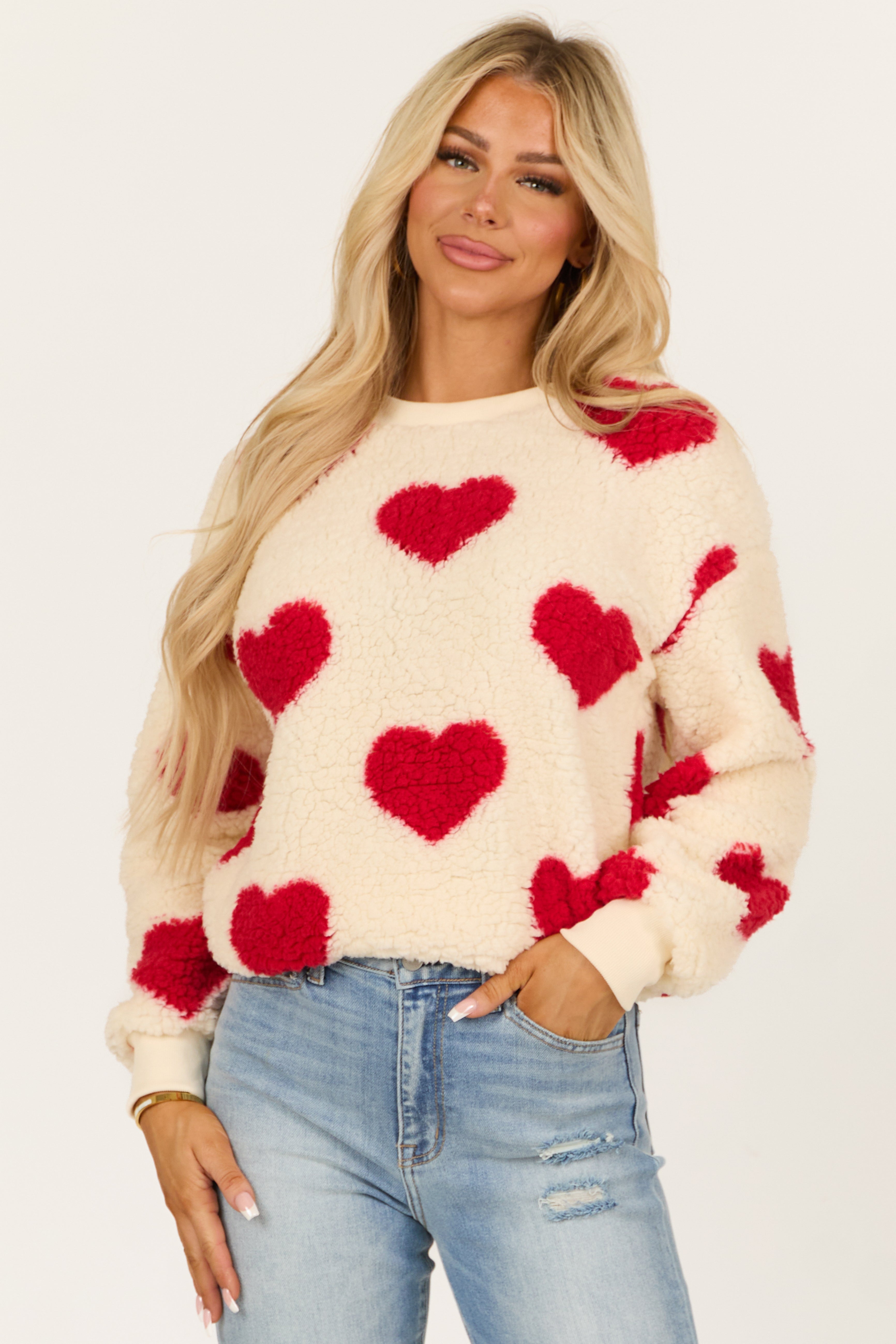 Cream and Ruby Heart Pattern Sherpa Sweatshirt-Newayad