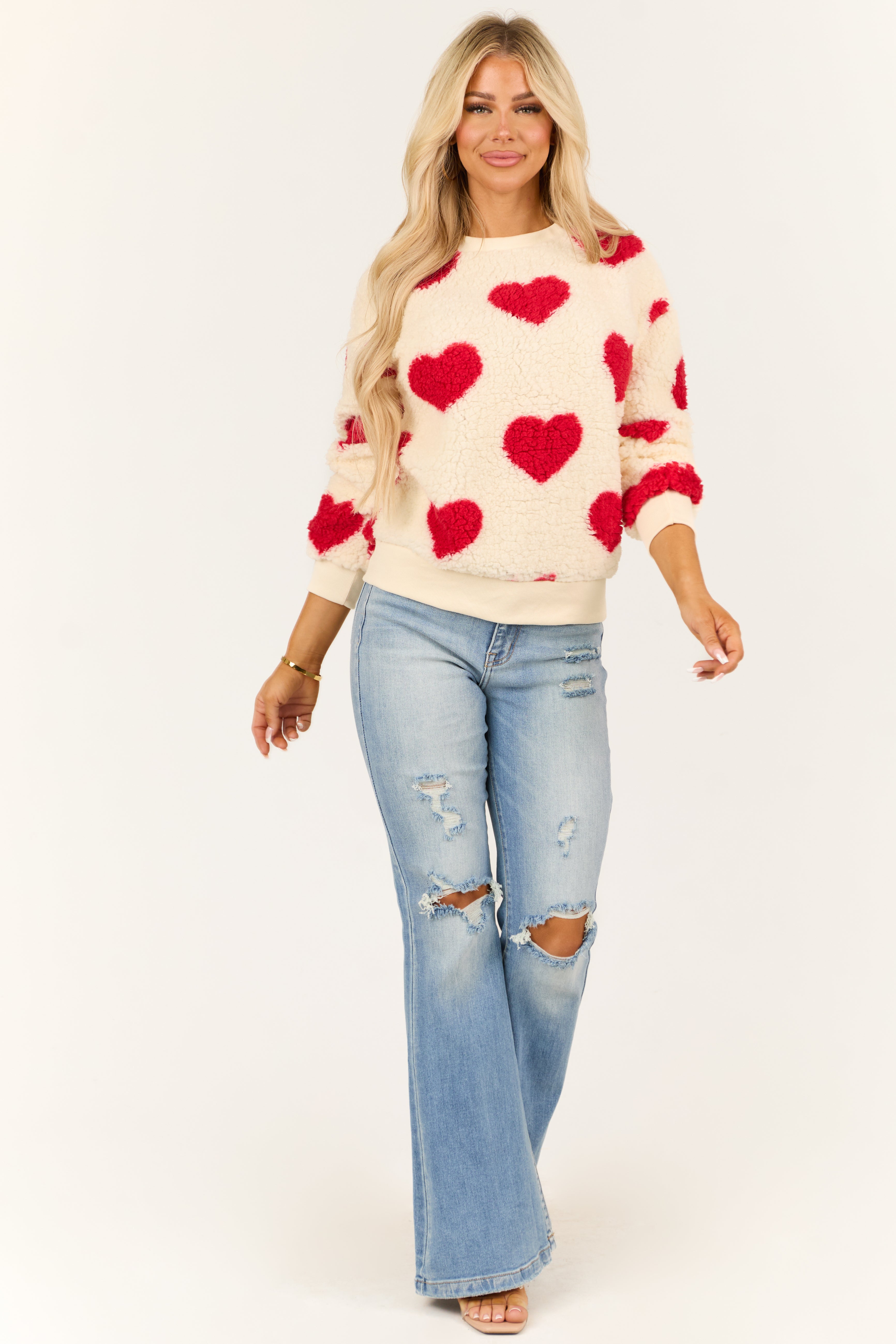 Cream and Ruby Heart Pattern Sherpa Sweatshirt-Newayad