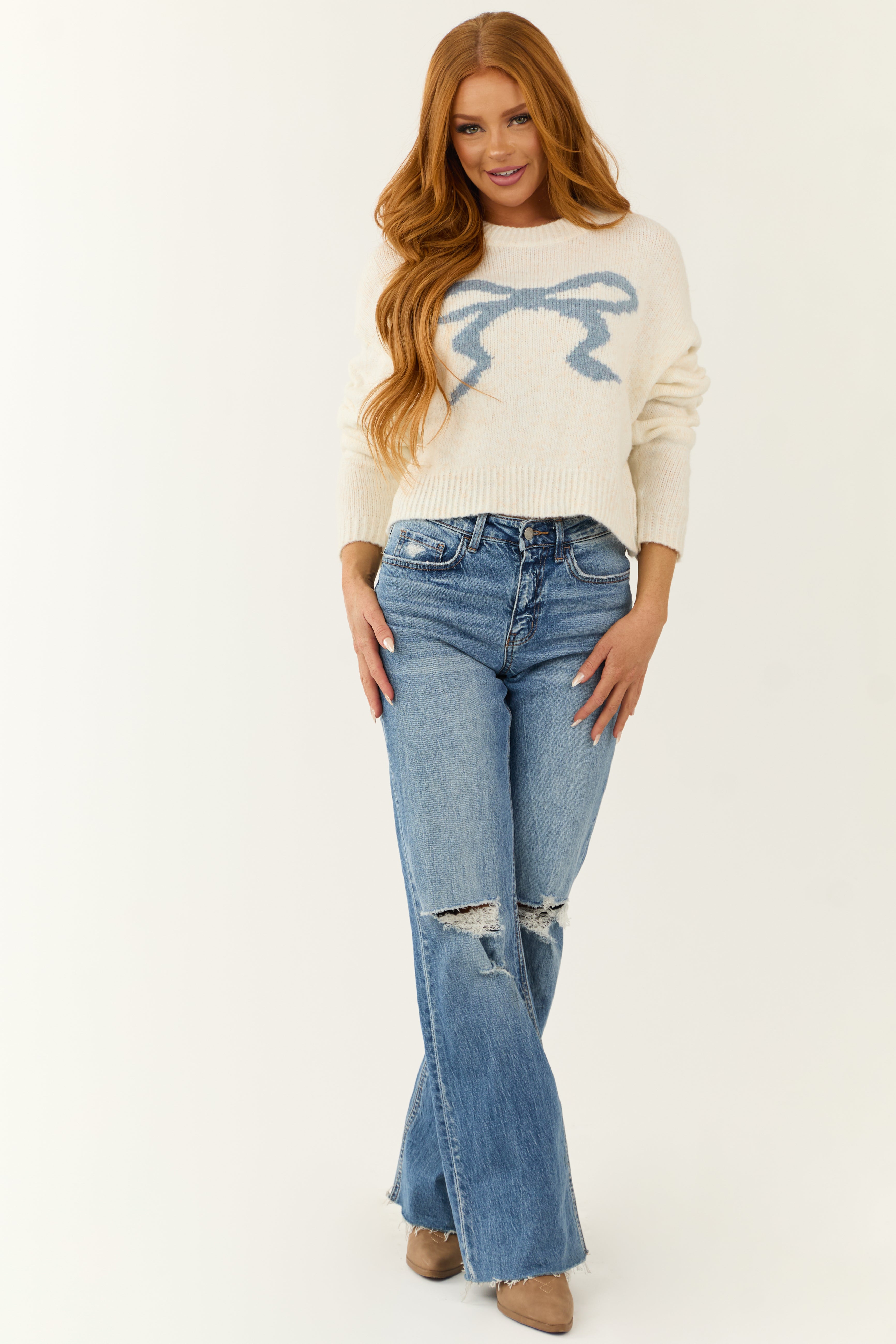 Cream and Steel Blue Ribbon Graphic Sweater-Newayad