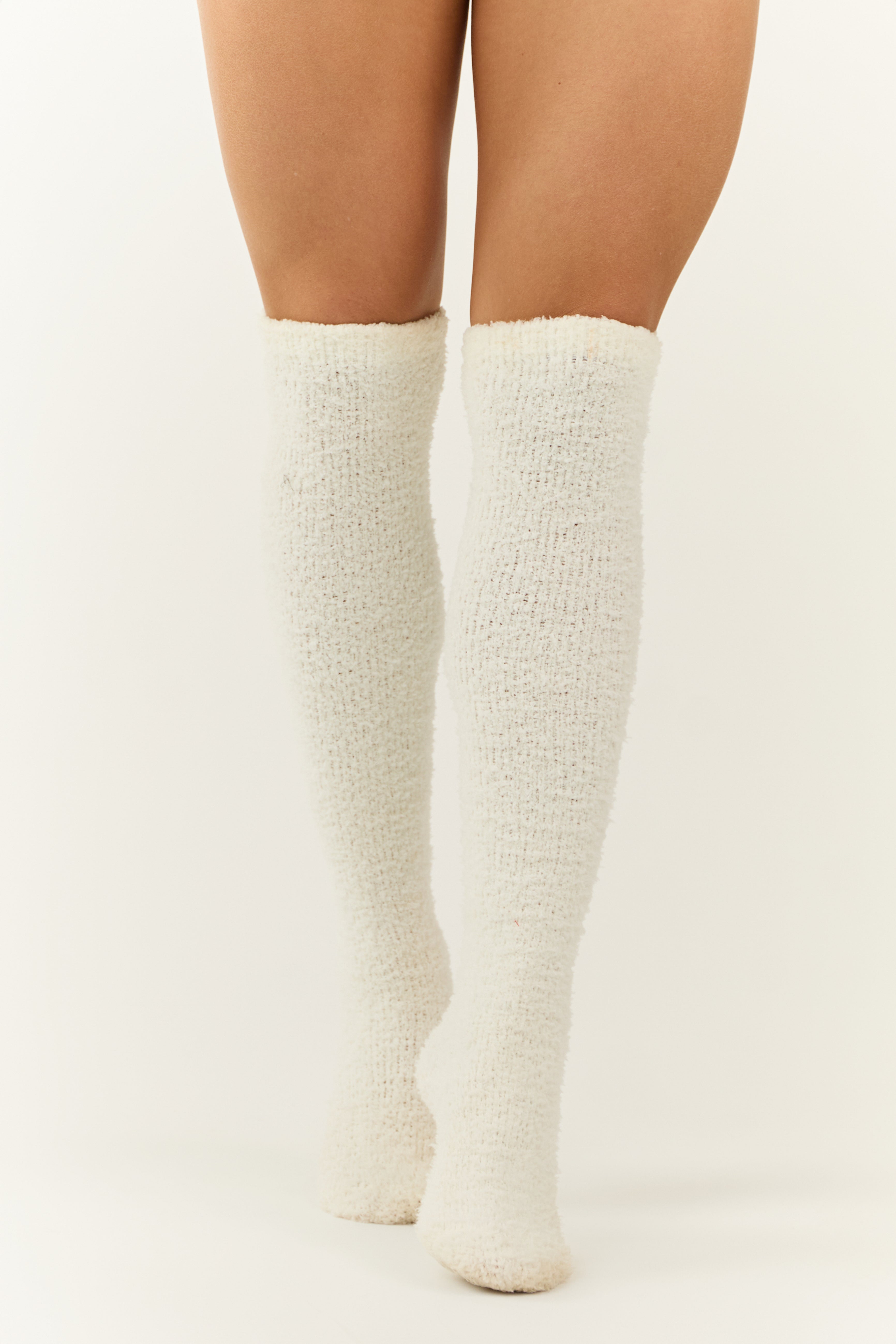 Cream Fleece Soft Knee High Socks-Newayad