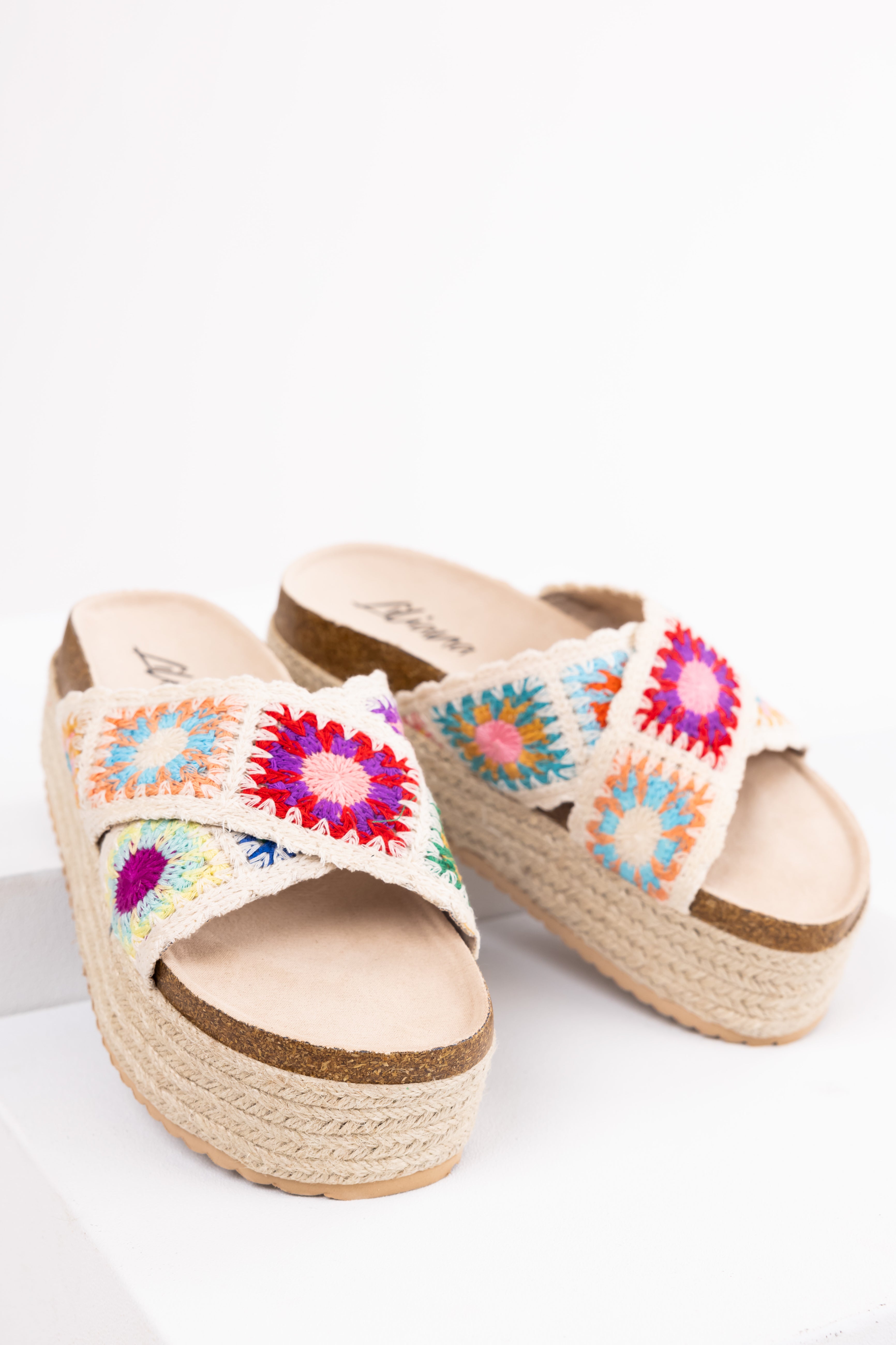 Cream Multicolor Crochet Espadrille Sandals-Newayad