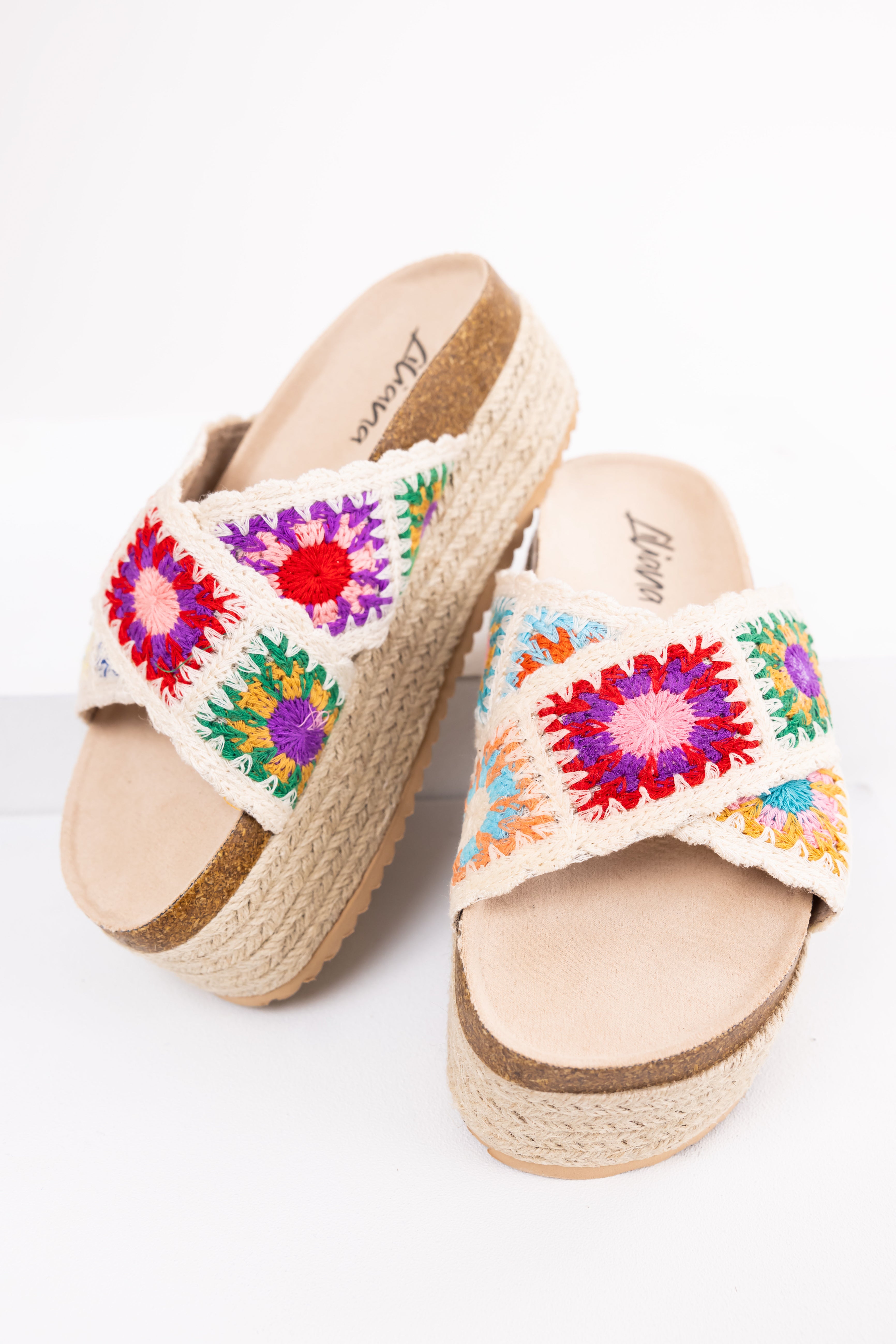 Cream Multicolor Crochet Espadrille Sandals-Newayad