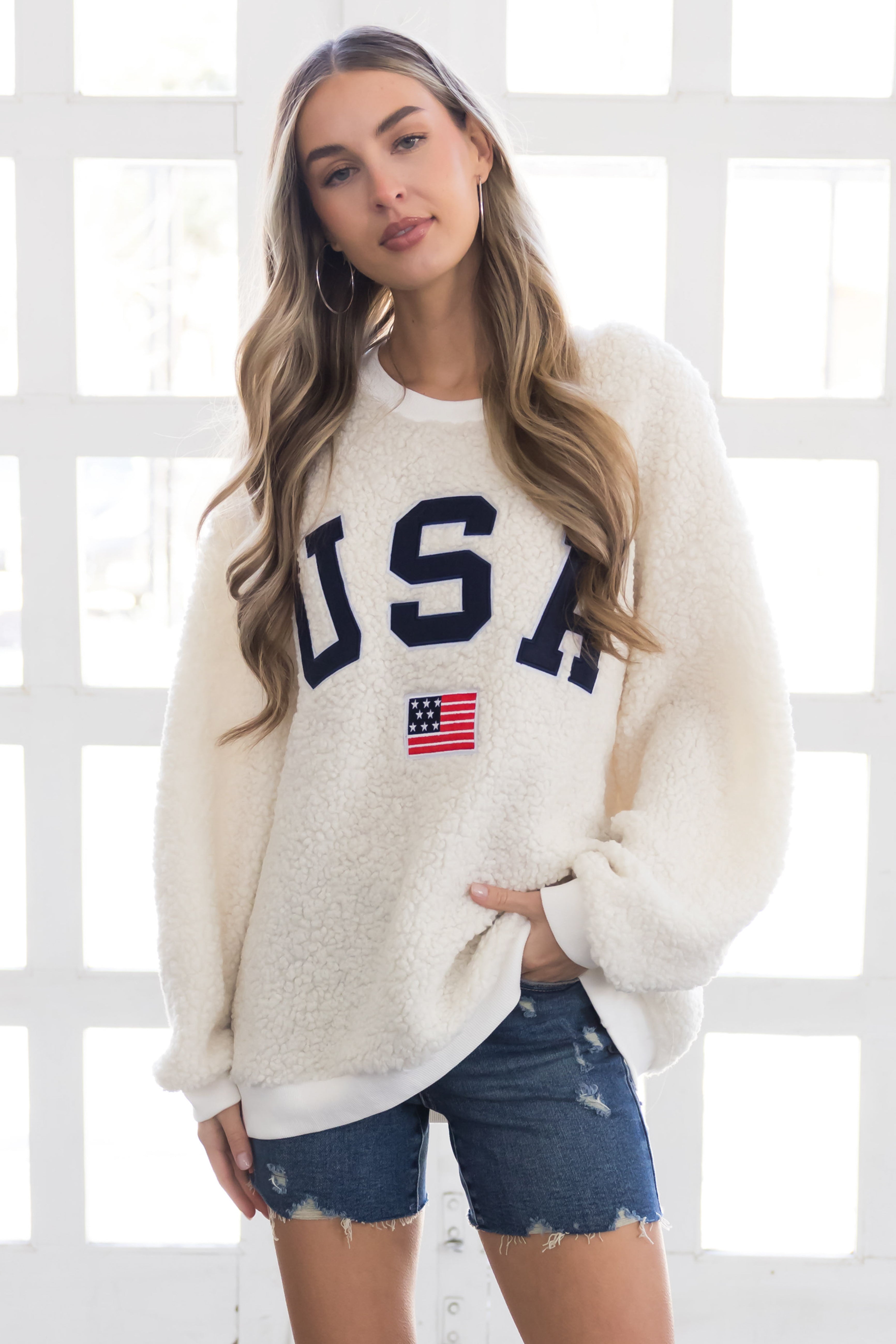 Cream Sherpa 'USA' Embroidered Pullover-Newayad
