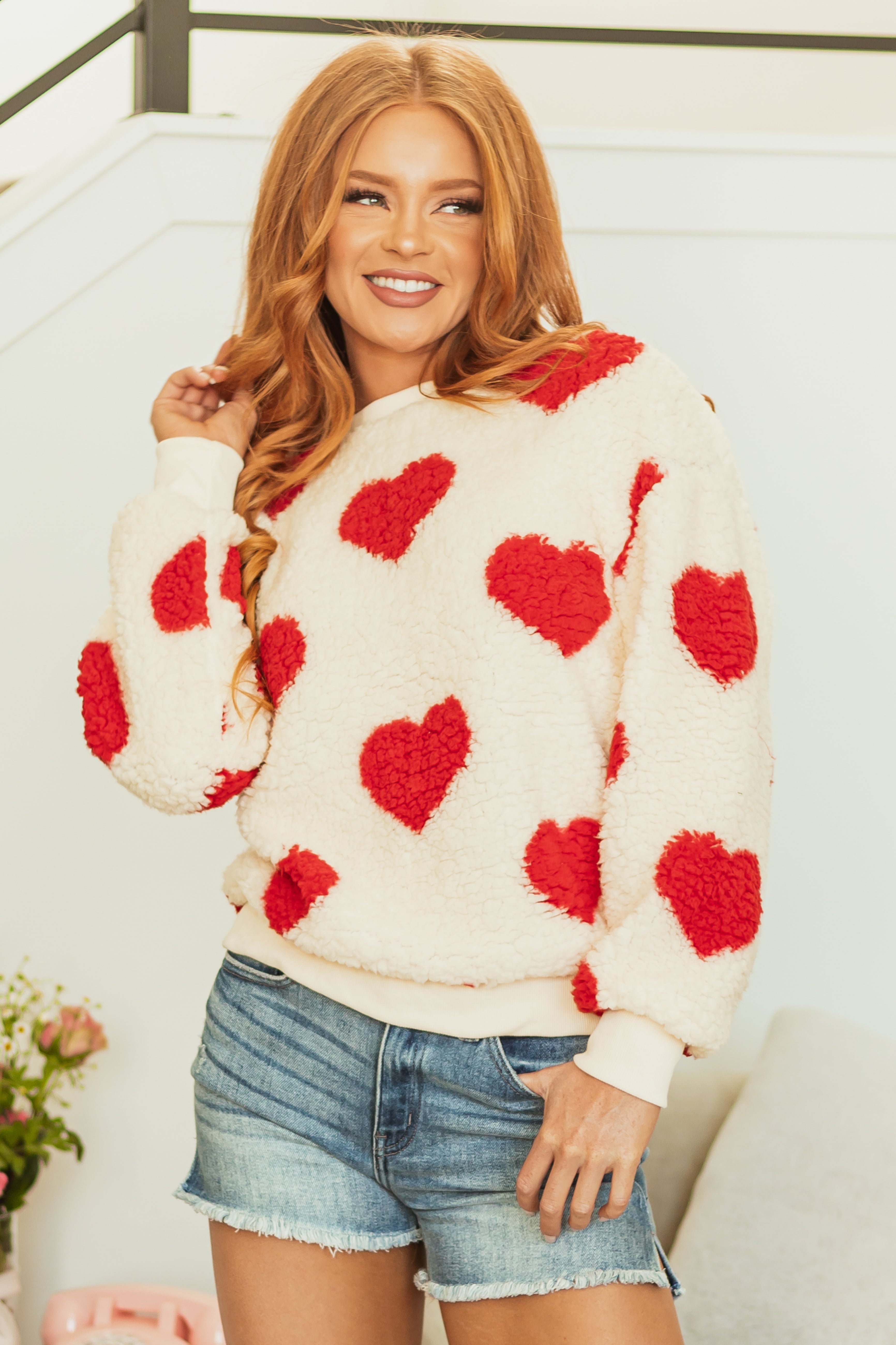 Cream and Ruby Heart Pattern Sherpa Sweatshirt-Newayad