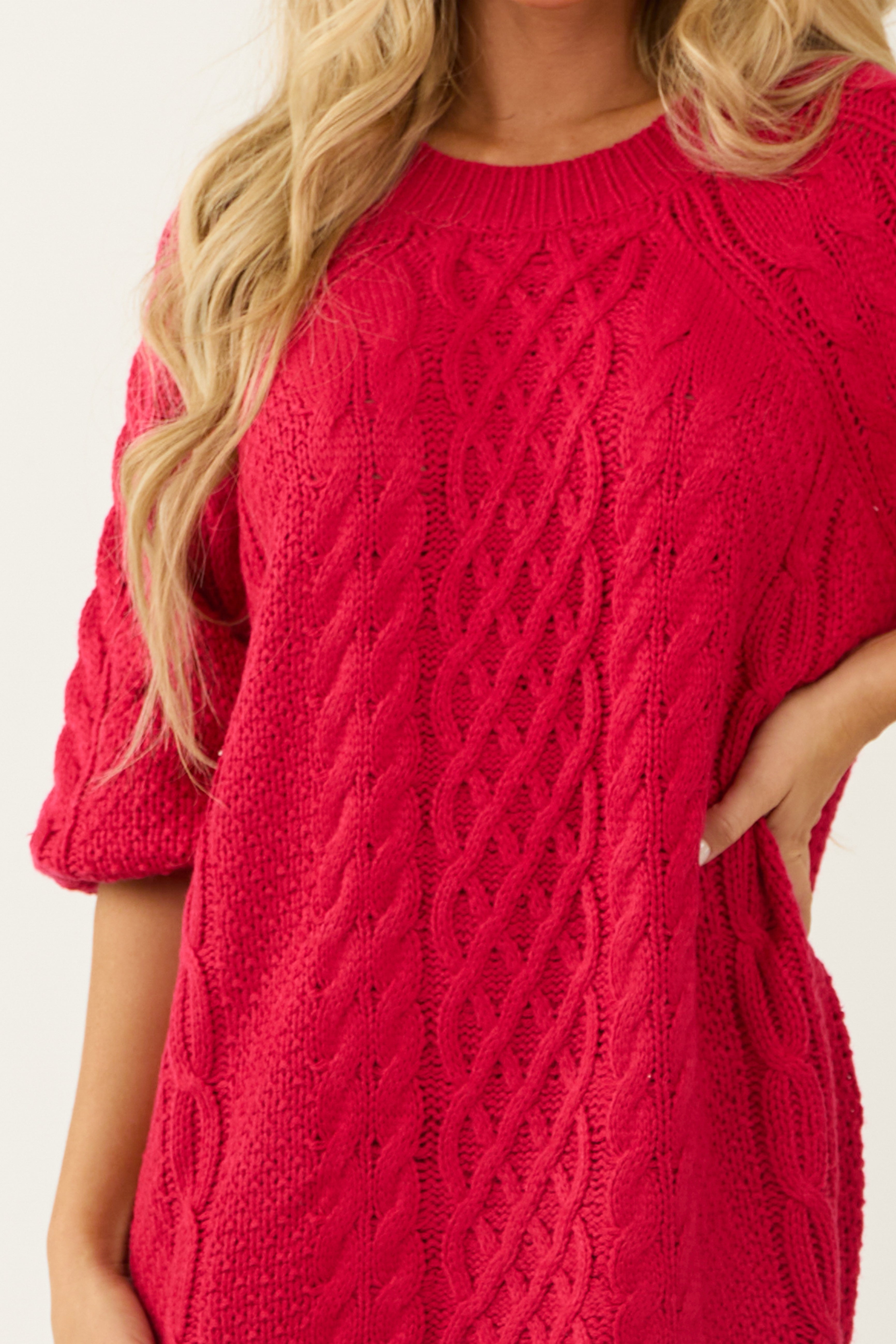 Crimson Long Balloon Sleeve Short Sweater Dress-Newayad
