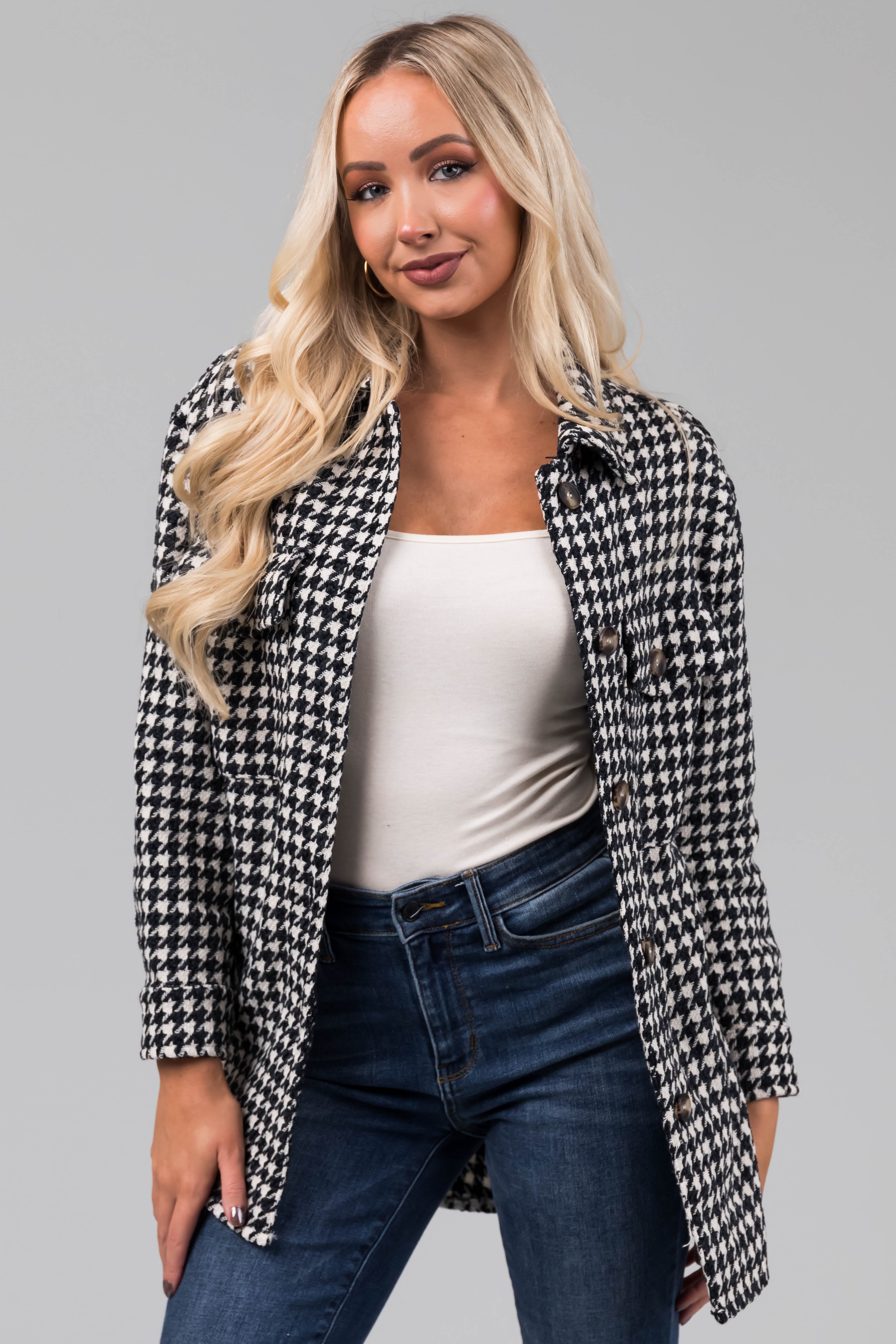 Dark Spruce and Cream Houndstooth Shacket-Newayad