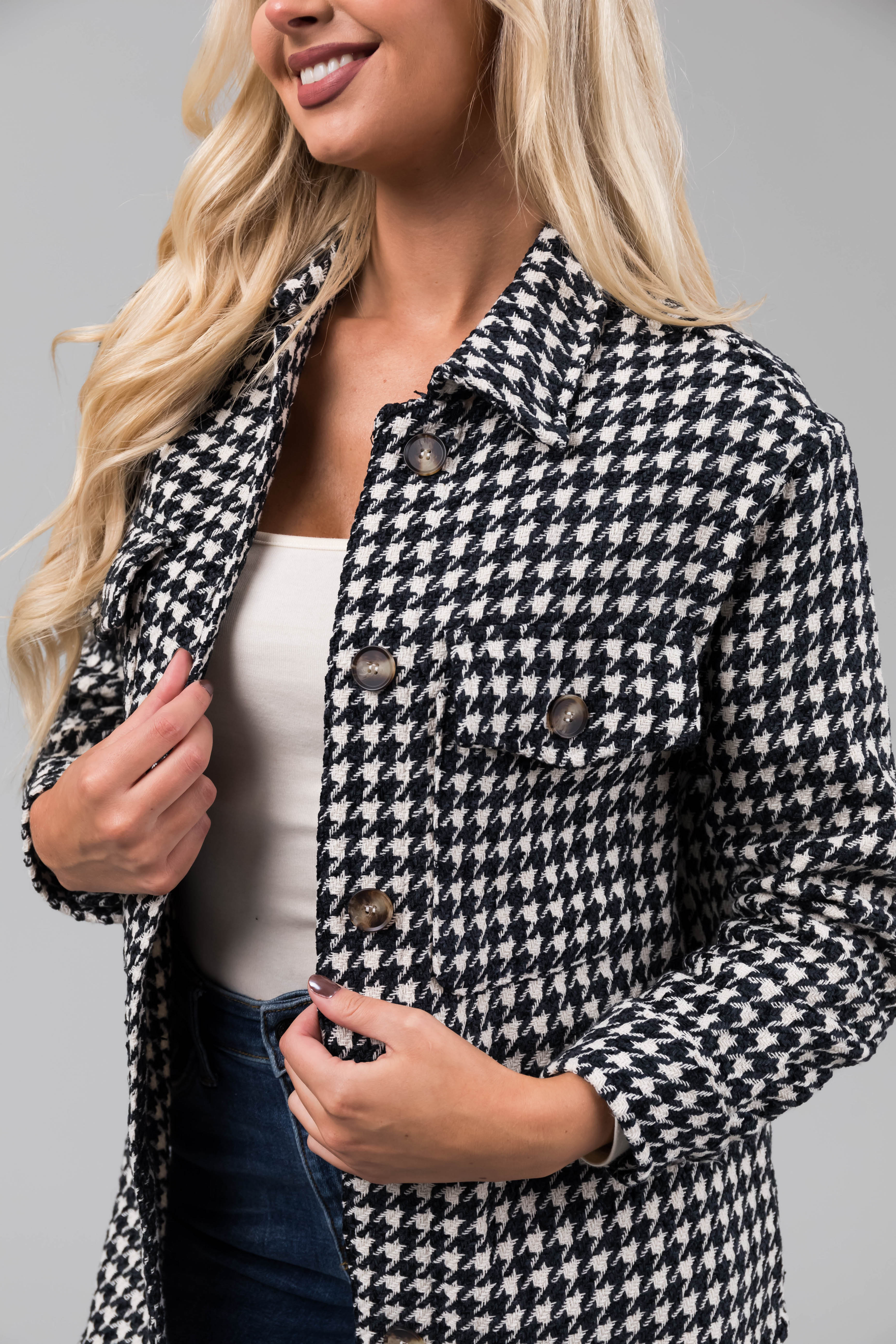 Dark Spruce and Cream Houndstooth Shacket-Newayad