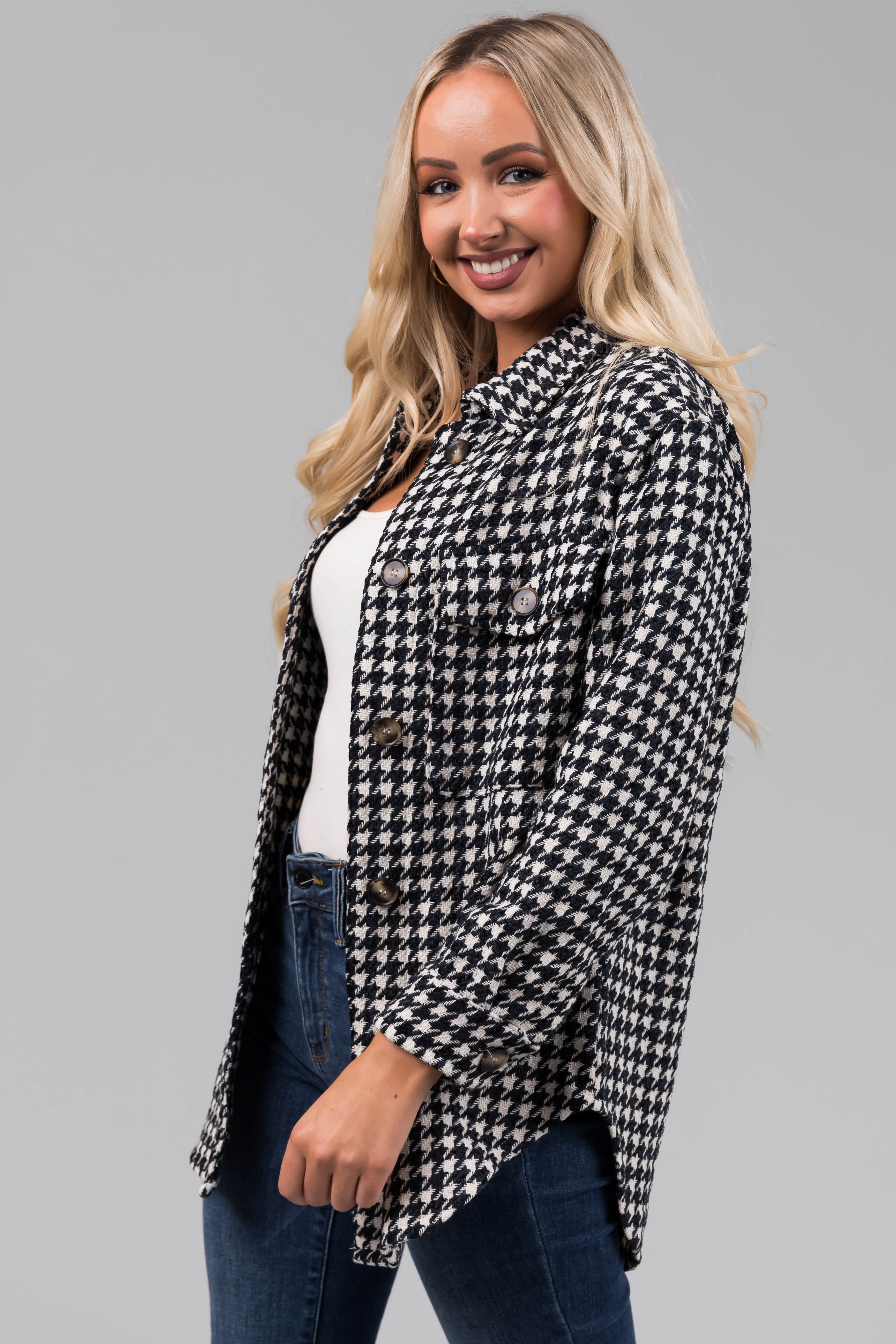 Dark Spruce and Cream Houndstooth Shacket-Newayad