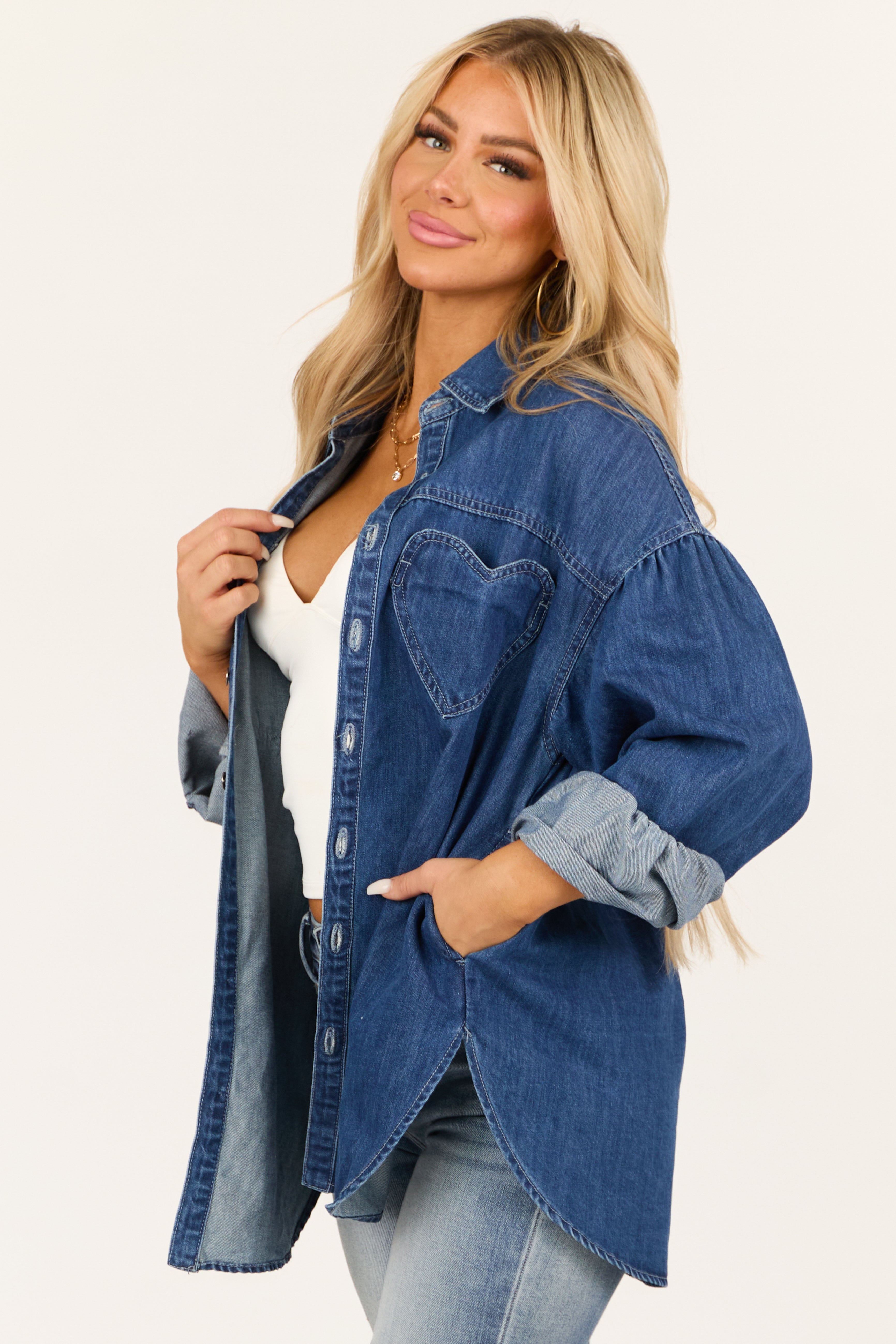 Dark Wash Heart Pocket Oversized Denim Shacket-Newayad