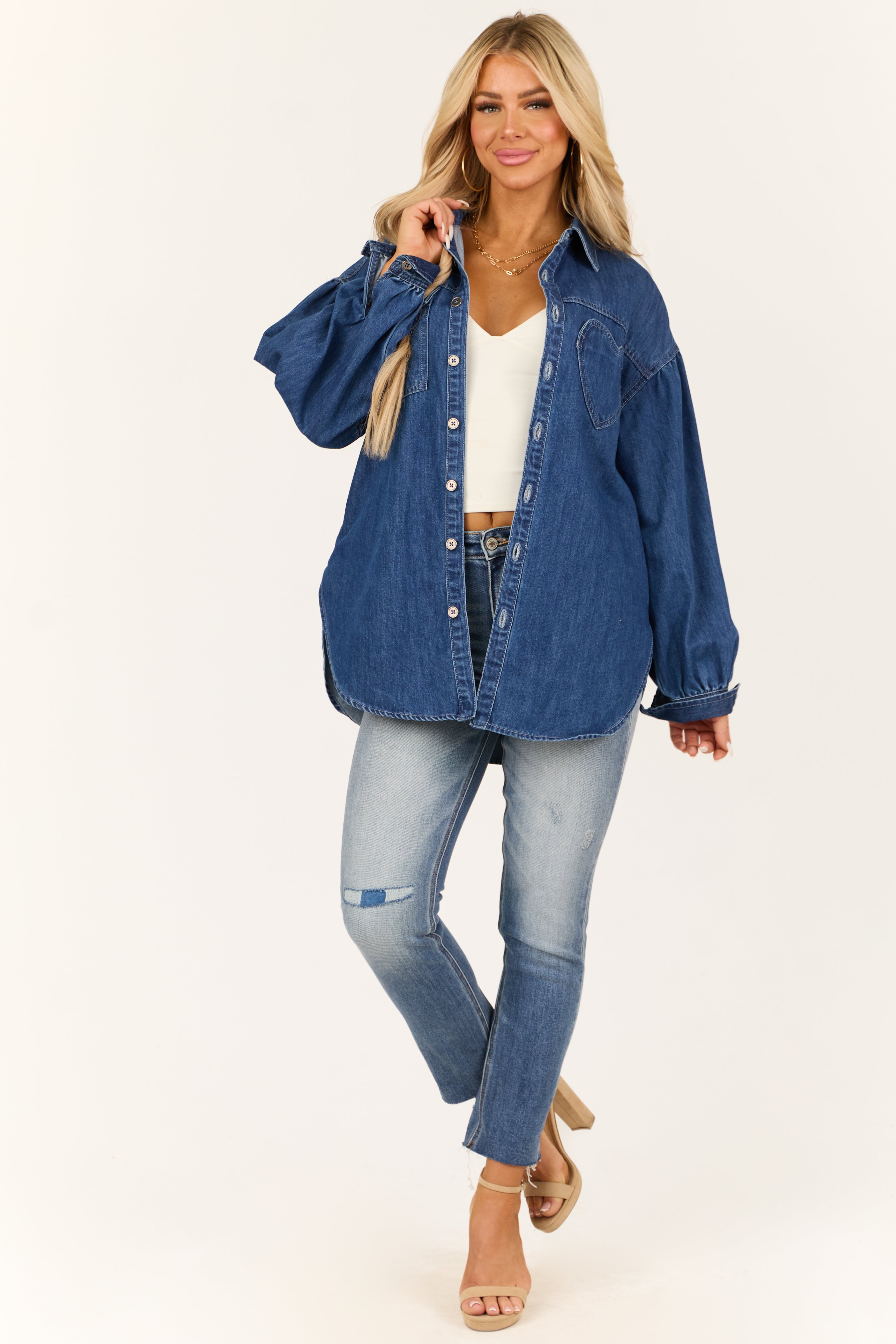 Dark Wash Heart Pocket Oversized Denim Shacket-Newayad