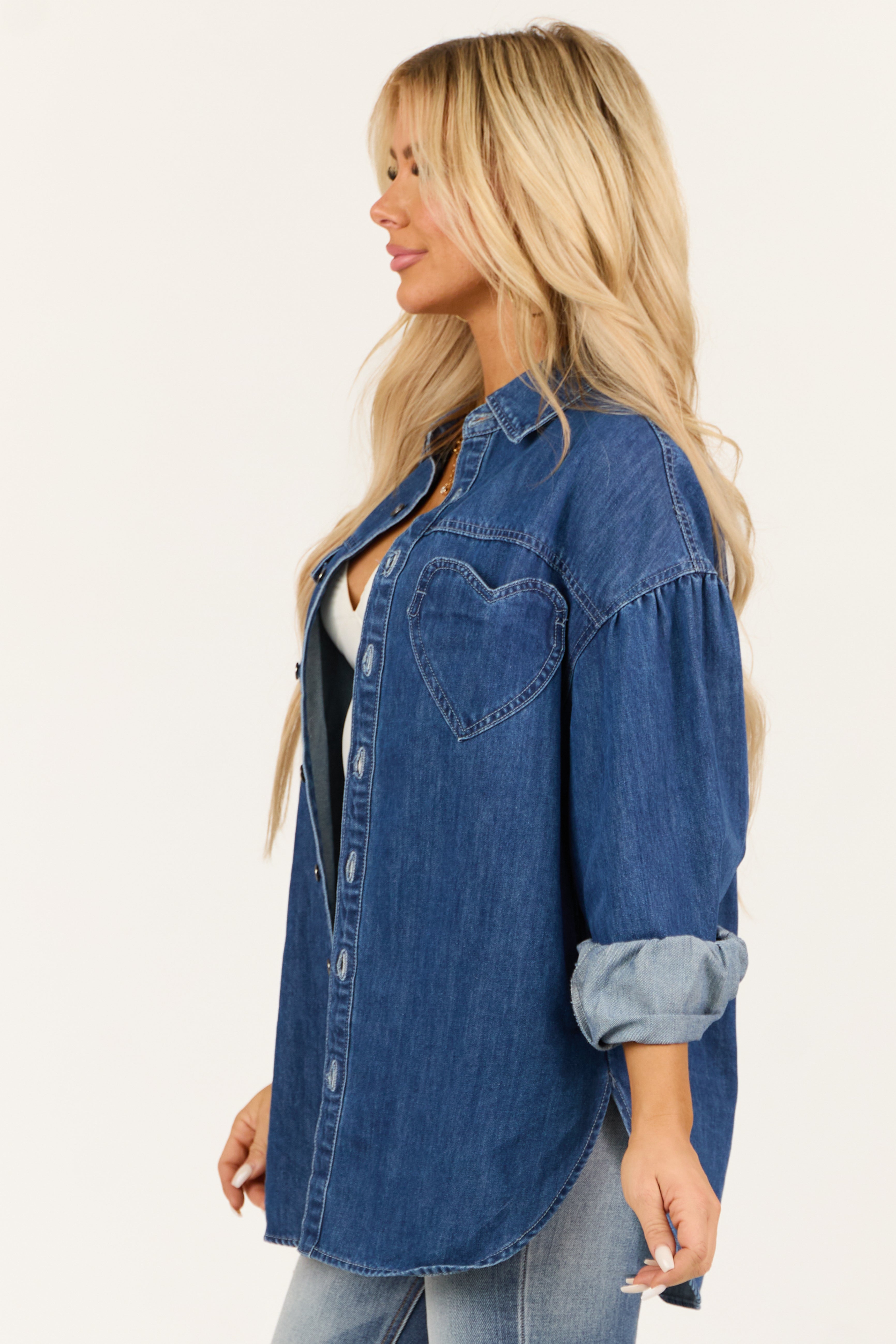 Dark Wash Heart Pocket Oversized Denim Shacket-Newayad