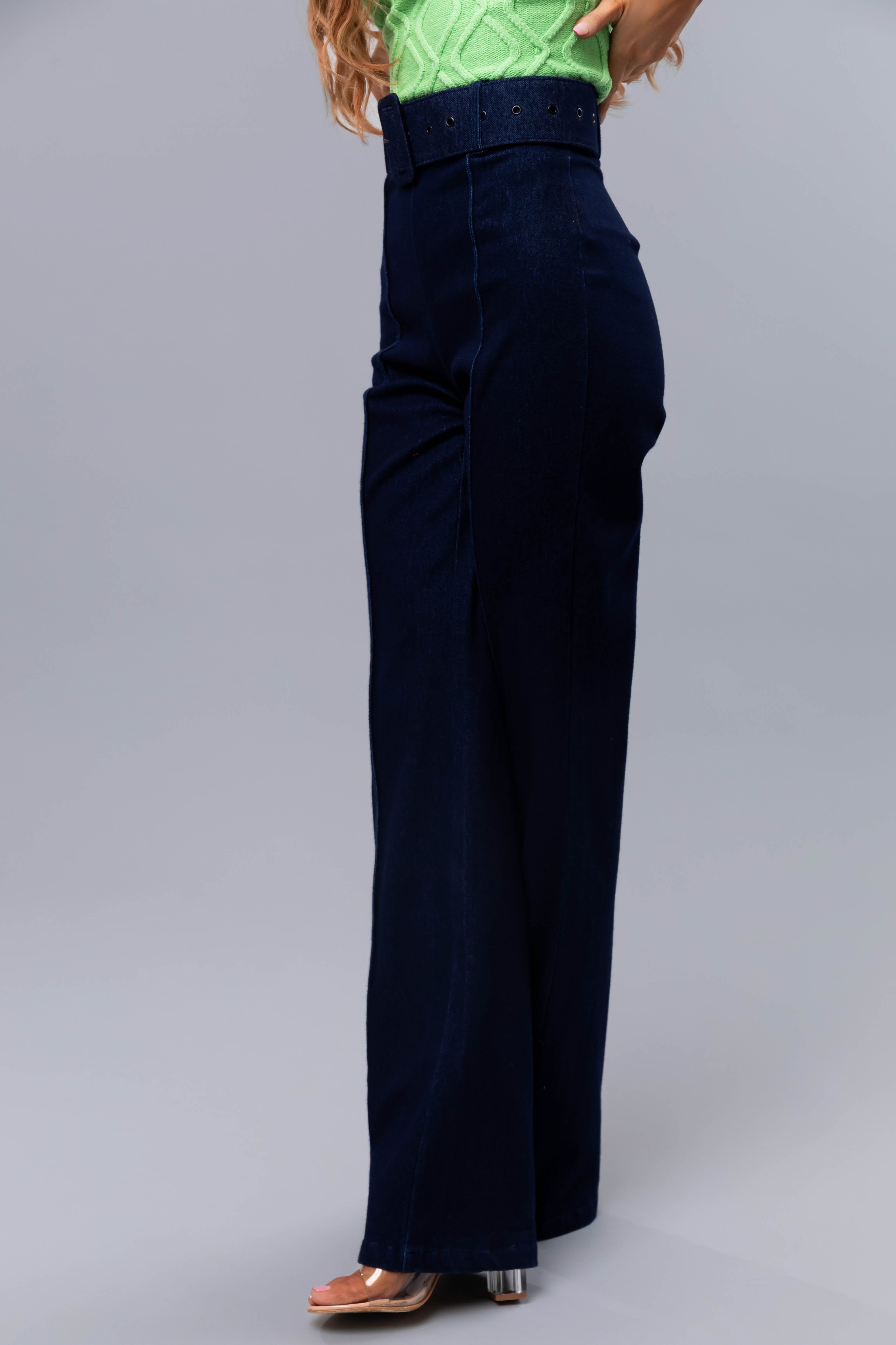 Dark Wash High Waist Belted Bootcut Jeans-Newayad