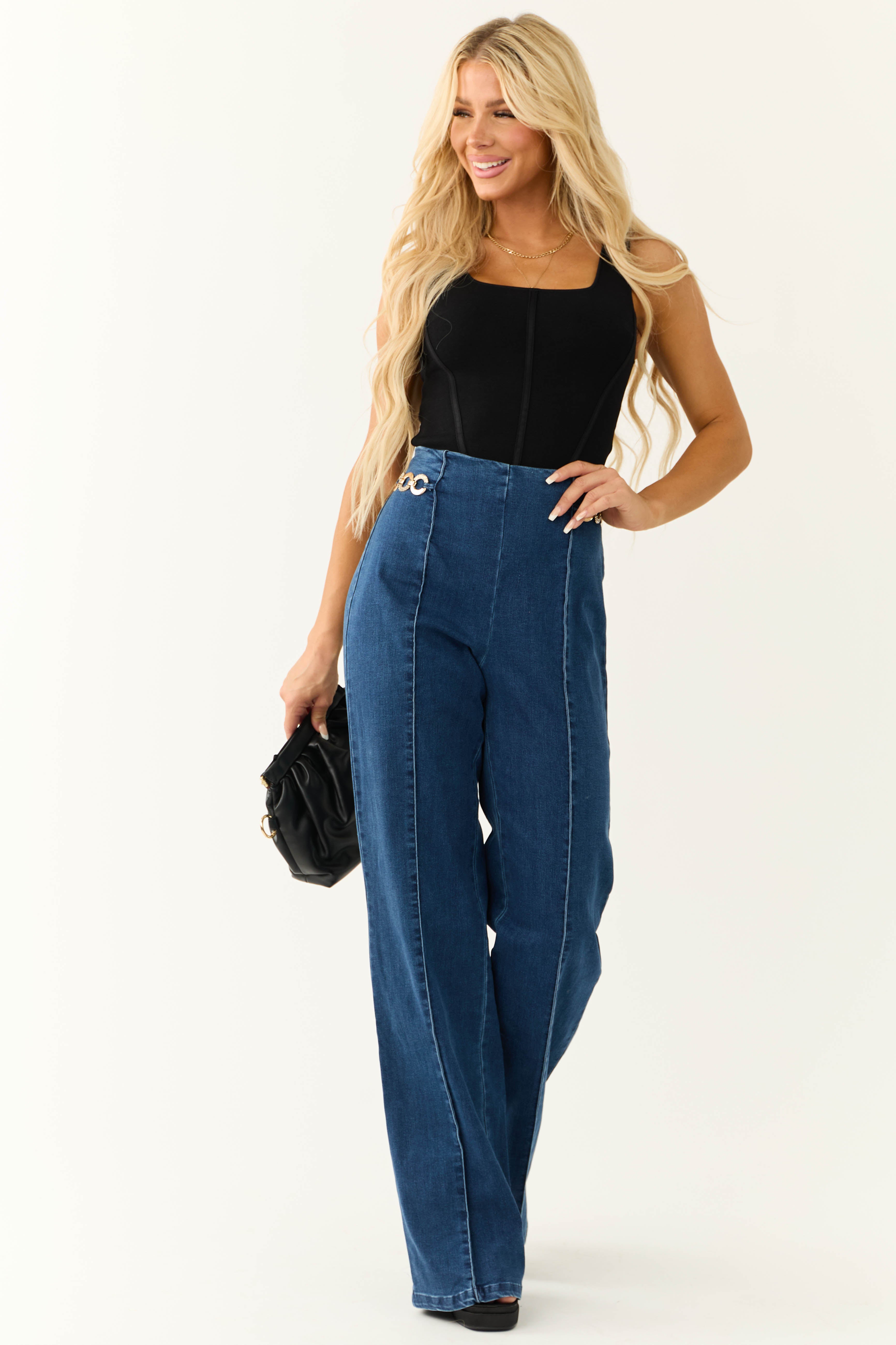 Dark Wash High Waisted Jeans with Front Seam-Newayad