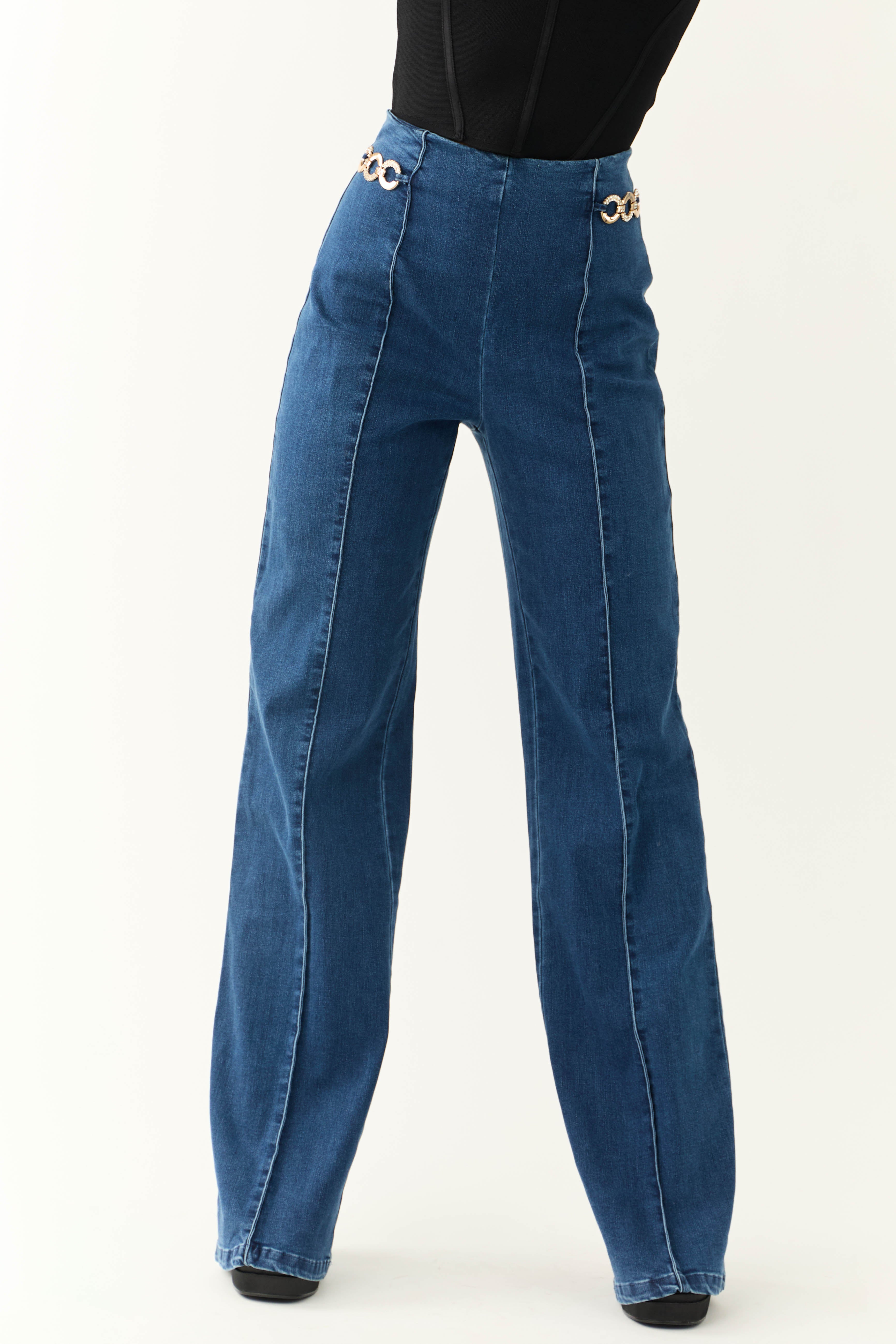Dark Wash High Waisted Jeans with Front Seam-Newayad